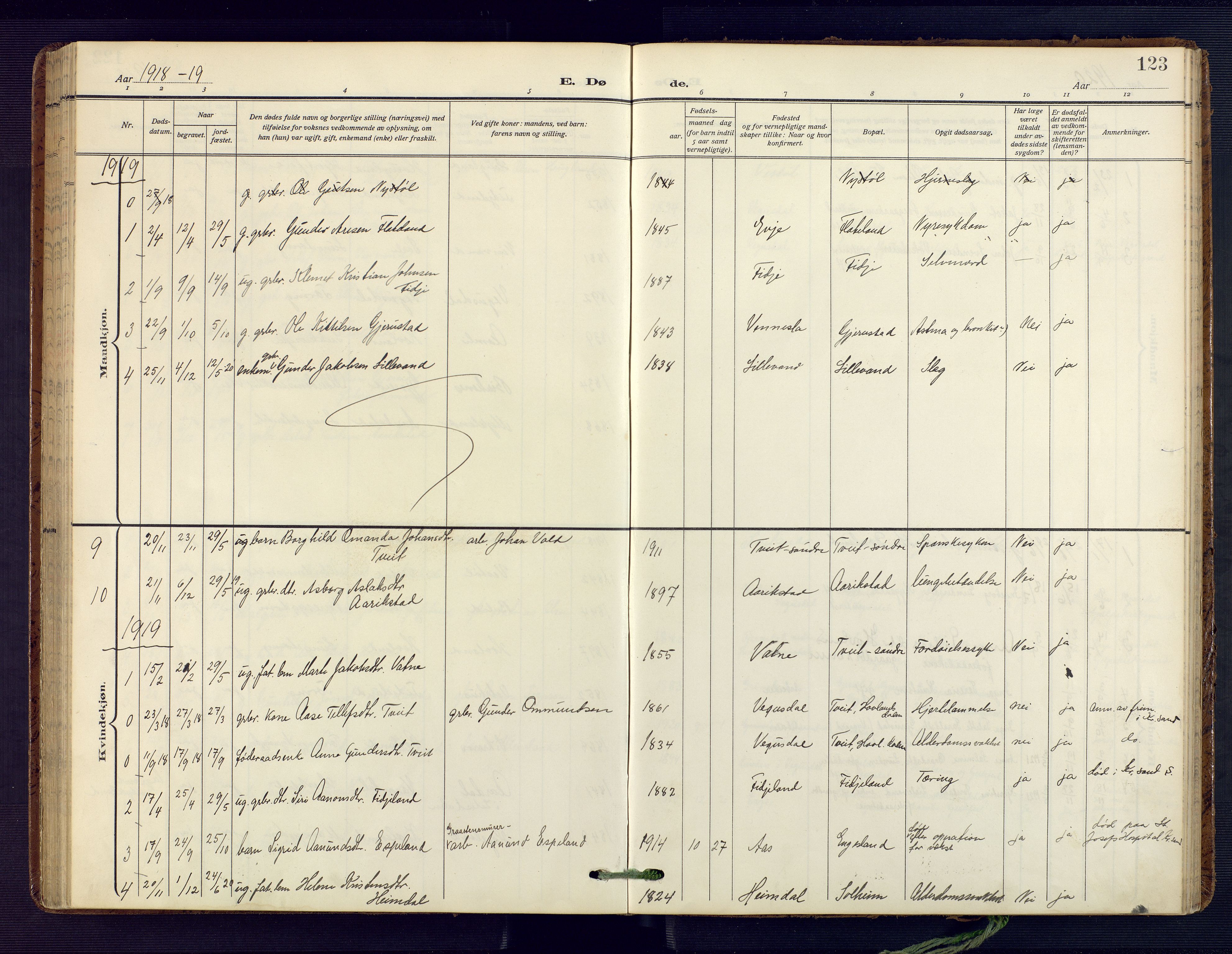 Herefoss sokneprestkontor, SAK/1111-0019/F/Fa/Fab/L0005: Parish register (official) no. A 5, 1910-1932, p. 123