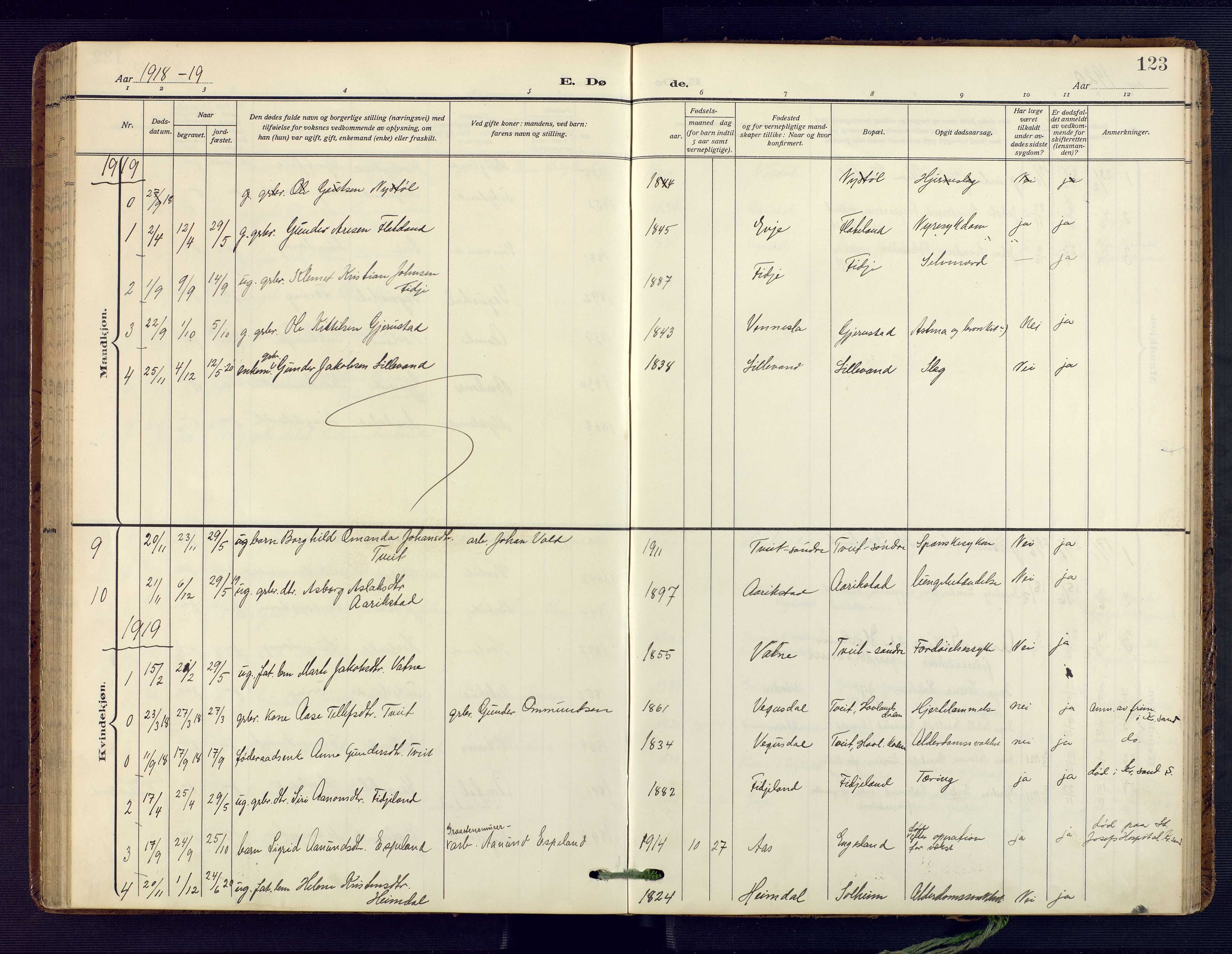 Herefoss sokneprestkontor, AV/SAK-1111-0019/F/Fa/Fab/L0005: Parish register (official) no. A 5, 1910-1932, p. 123