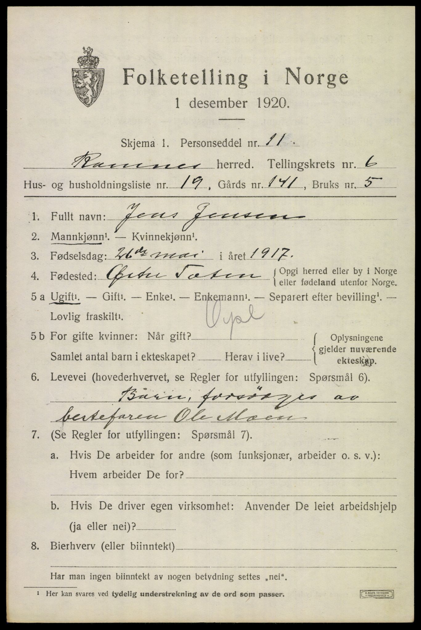 SAKO, 1920 census for Ramnes, 1920, p. 6384