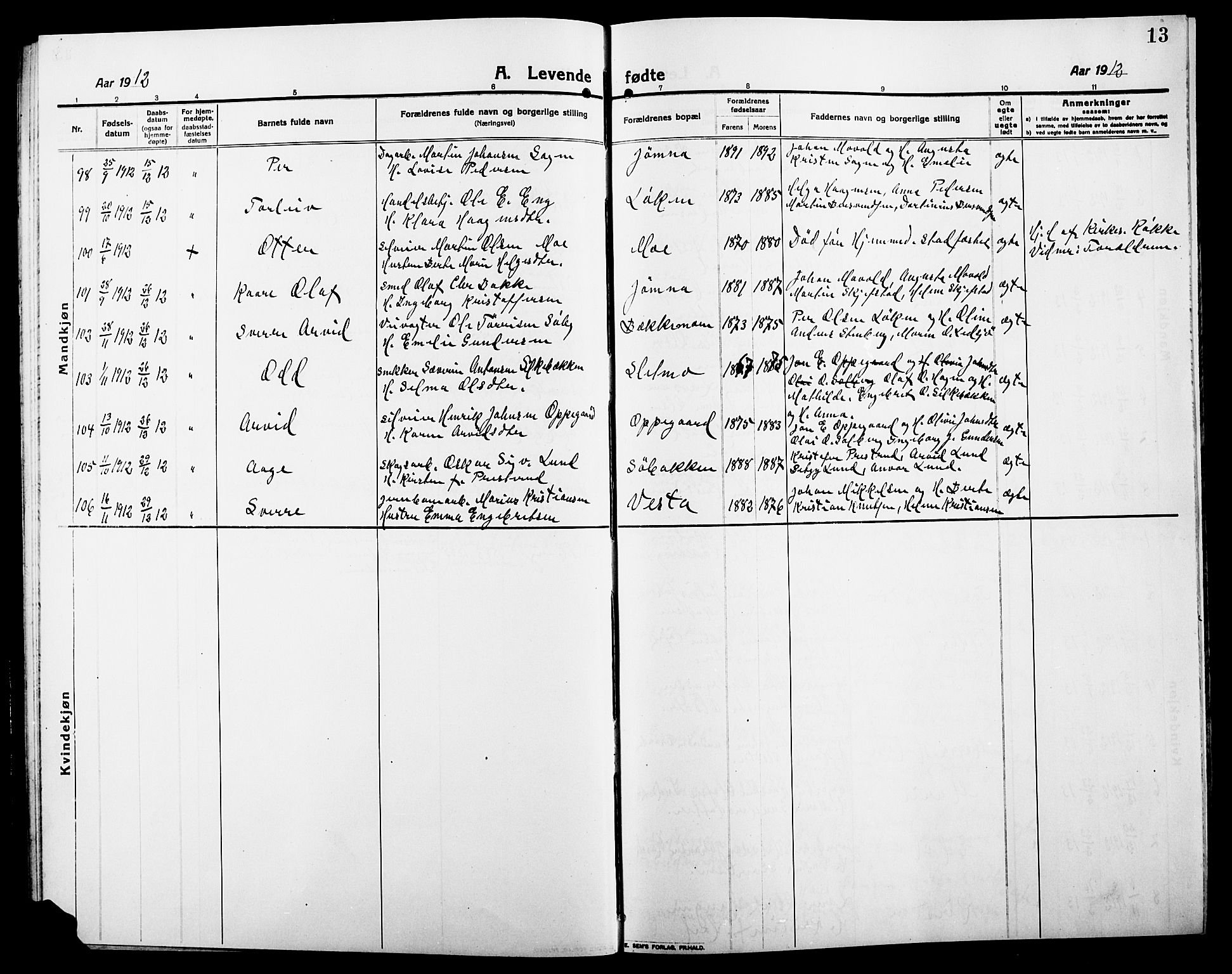 Elverum prestekontor, SAH/PREST-044/H/Ha/Hab/L0010: Parish register (copy) no. 10, 1912-1922, p. 13