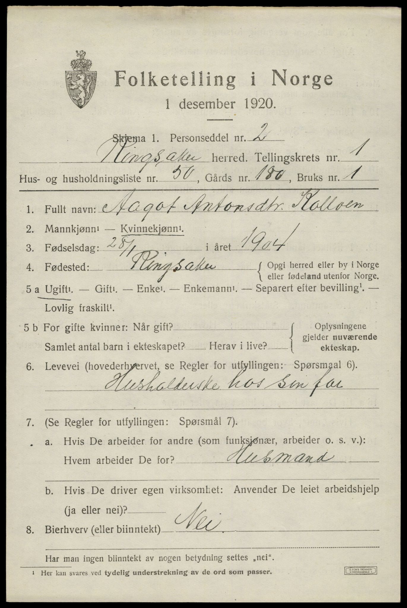 SAH, 1920 census for Ringsaker, 1920, p. 4938