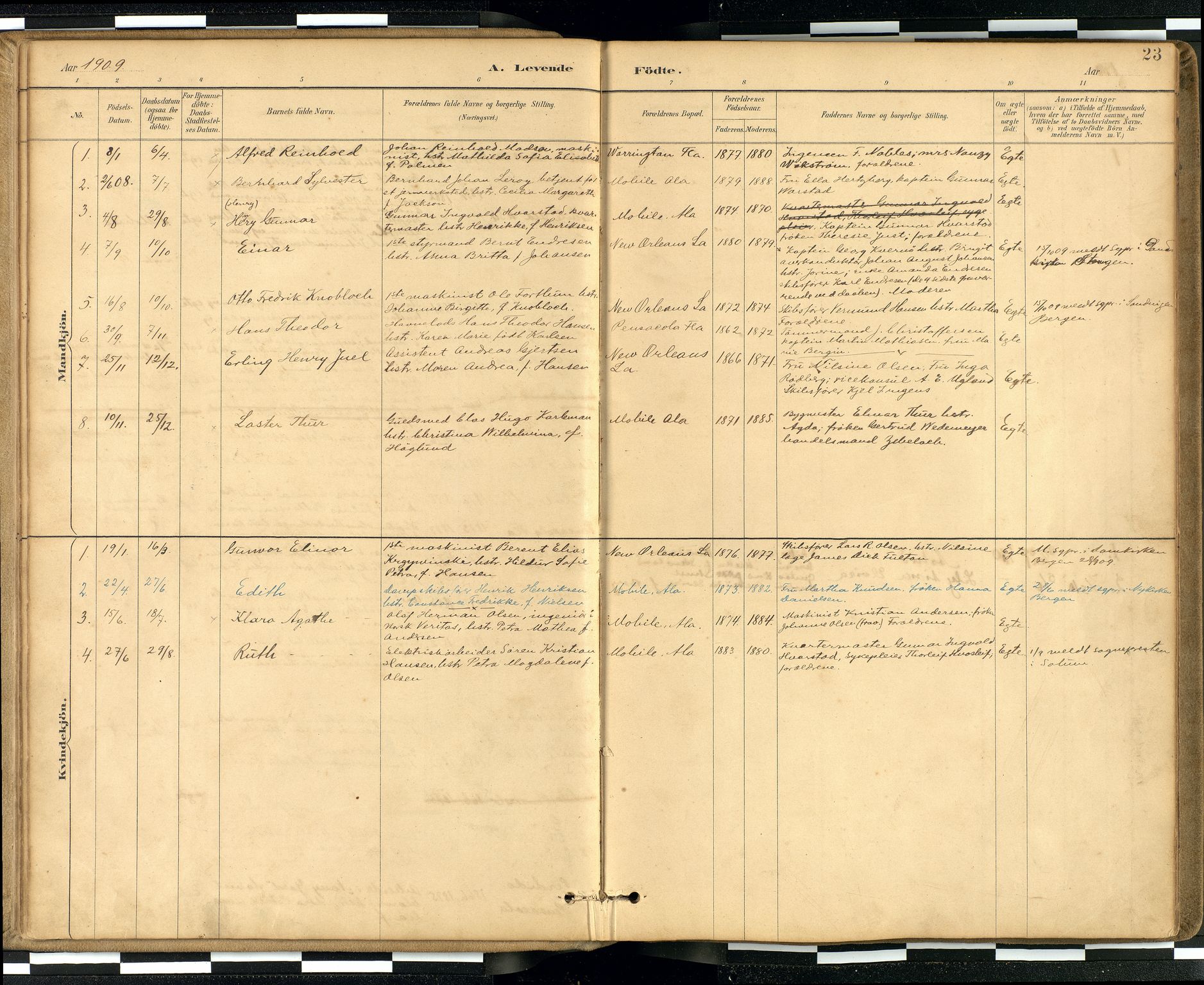 Den norske sjømannsmisjon i utlandet / Quebec (Canada) samt Pensacola--Savannah-Mobile-New Orleans-Gulfport (Gulfhamnene i USA), SAB/SAB/PA-0114/H/Ha/L0001: Parish register (official) no. A 1, 1887-1924, p. 22b-23a