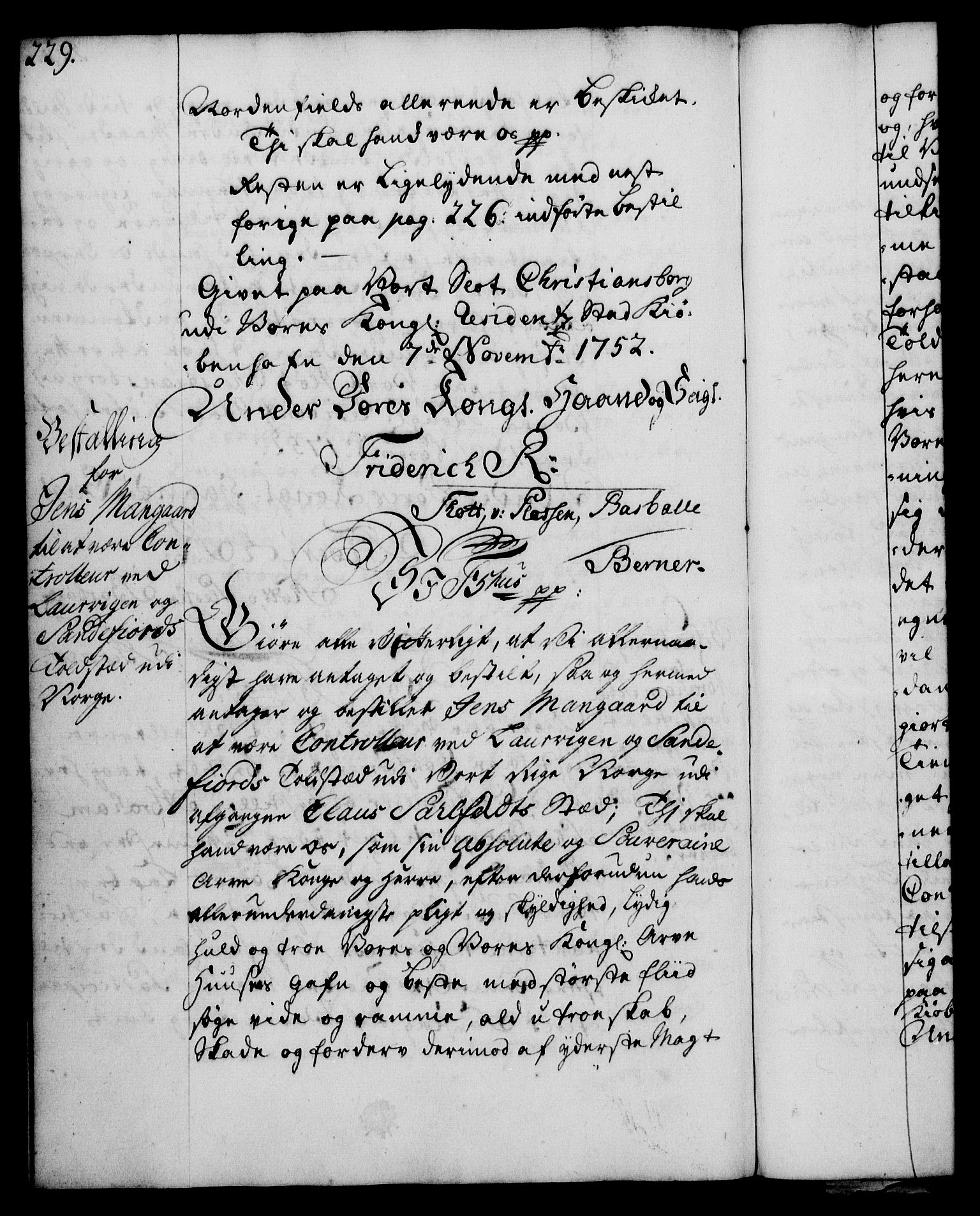 Rentekammeret, Kammerkanselliet, RA/EA-3111/G/Gg/Gge/L0003: Norsk bestallingsprotokoll med register (merket RK 53.27), 1745-1761, p. 229