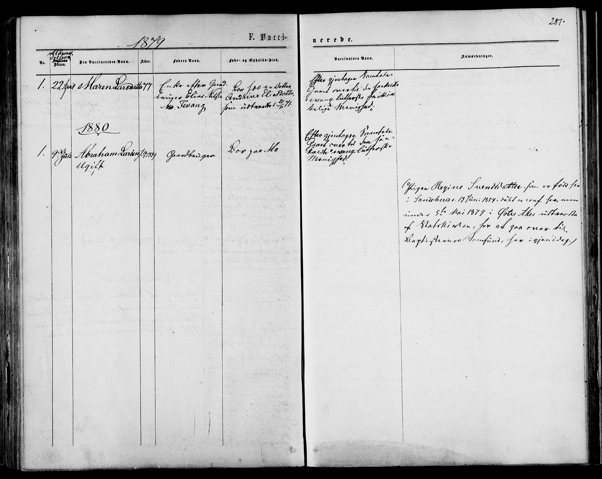 Sandar kirkebøker, SAKO/A-243/F/Fa/L0009: Parish register (official) no. 9, 1862-1871, p. 287