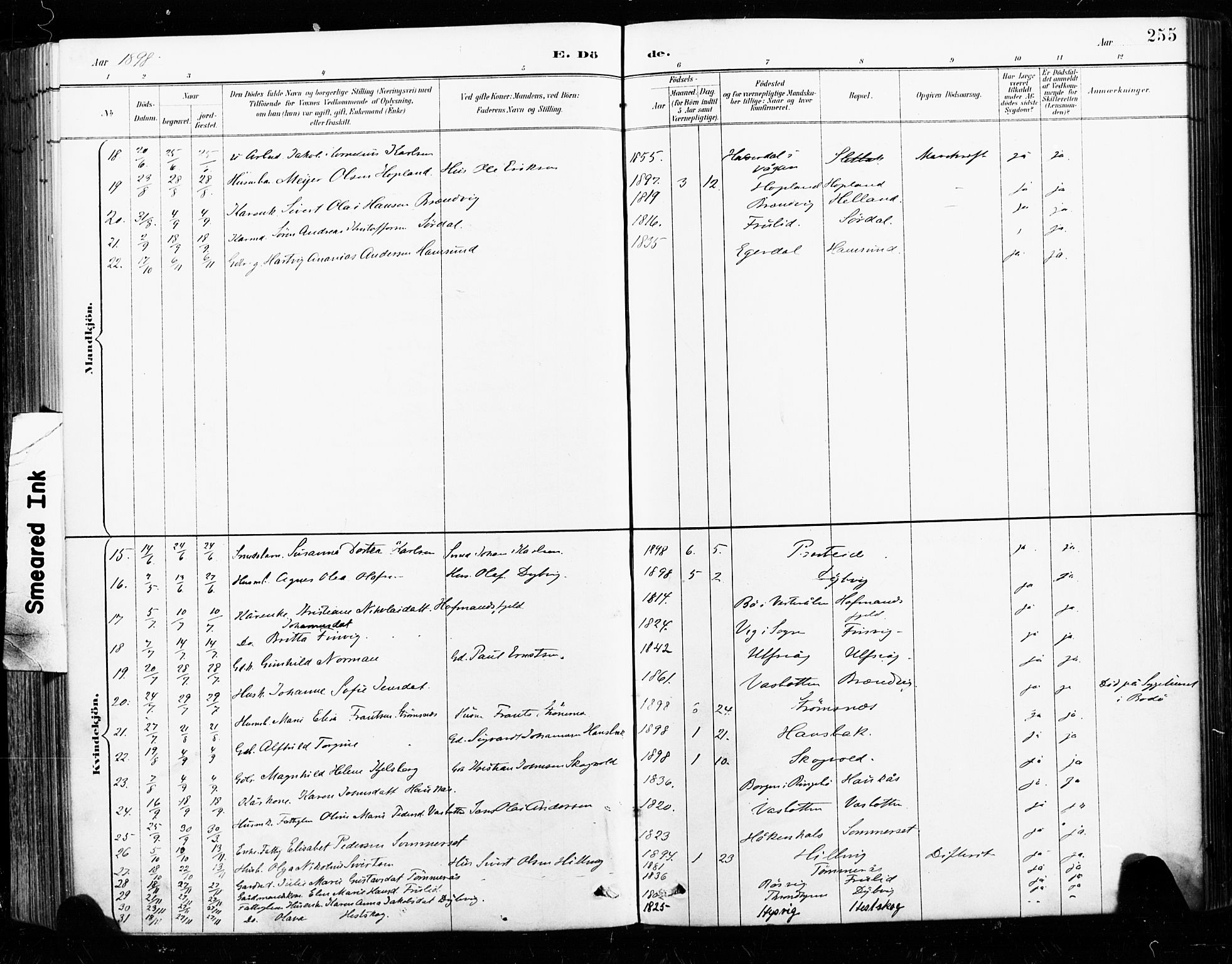 Ministerialprotokoller, klokkerbøker og fødselsregistre - Nordland, SAT/A-1459/859/L0847: Parish register (official) no. 859A07, 1890-1899, p. 255