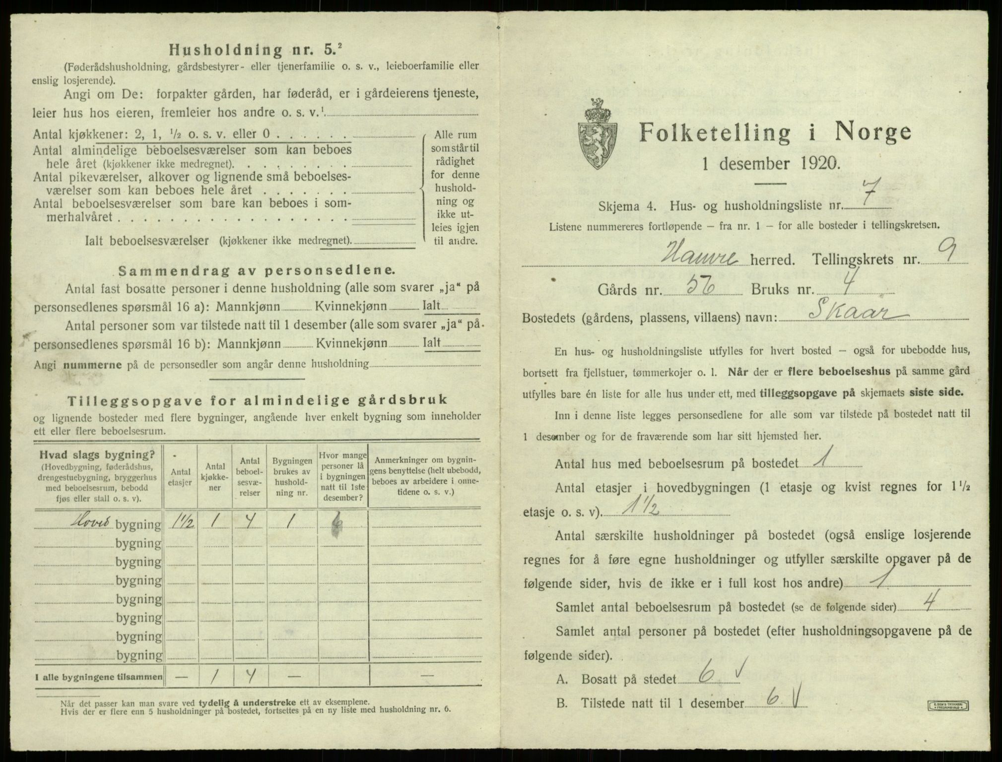 SAB, 1920 census for Hamre, 1920, p. 724