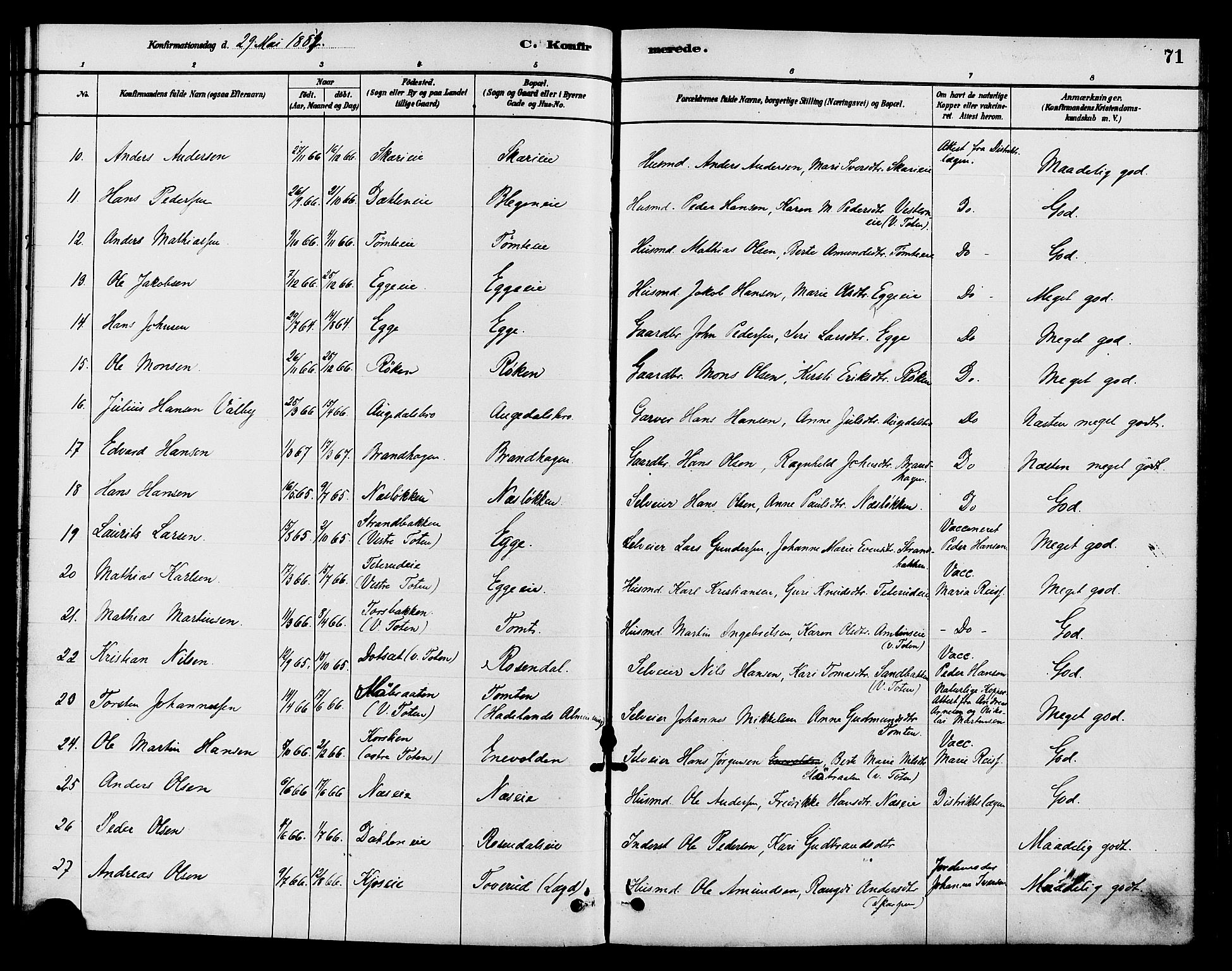 Gran prestekontor, AV/SAH-PREST-112/H/Ha/Haa/L0015: Parish register (official) no. 15, 1880-1888, p. 71