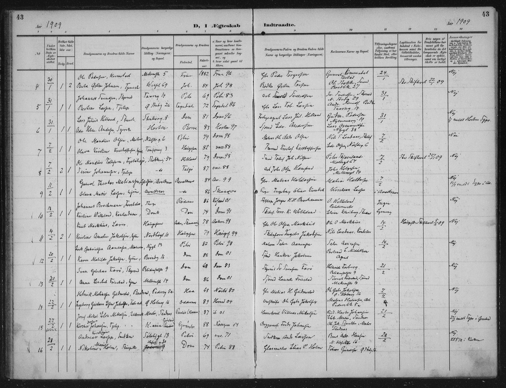 Domkirken sokneprestkontor, SAST/A-101812/002/A/L0016: Parish register (official) no. A 33, 1905-1922, p. 43