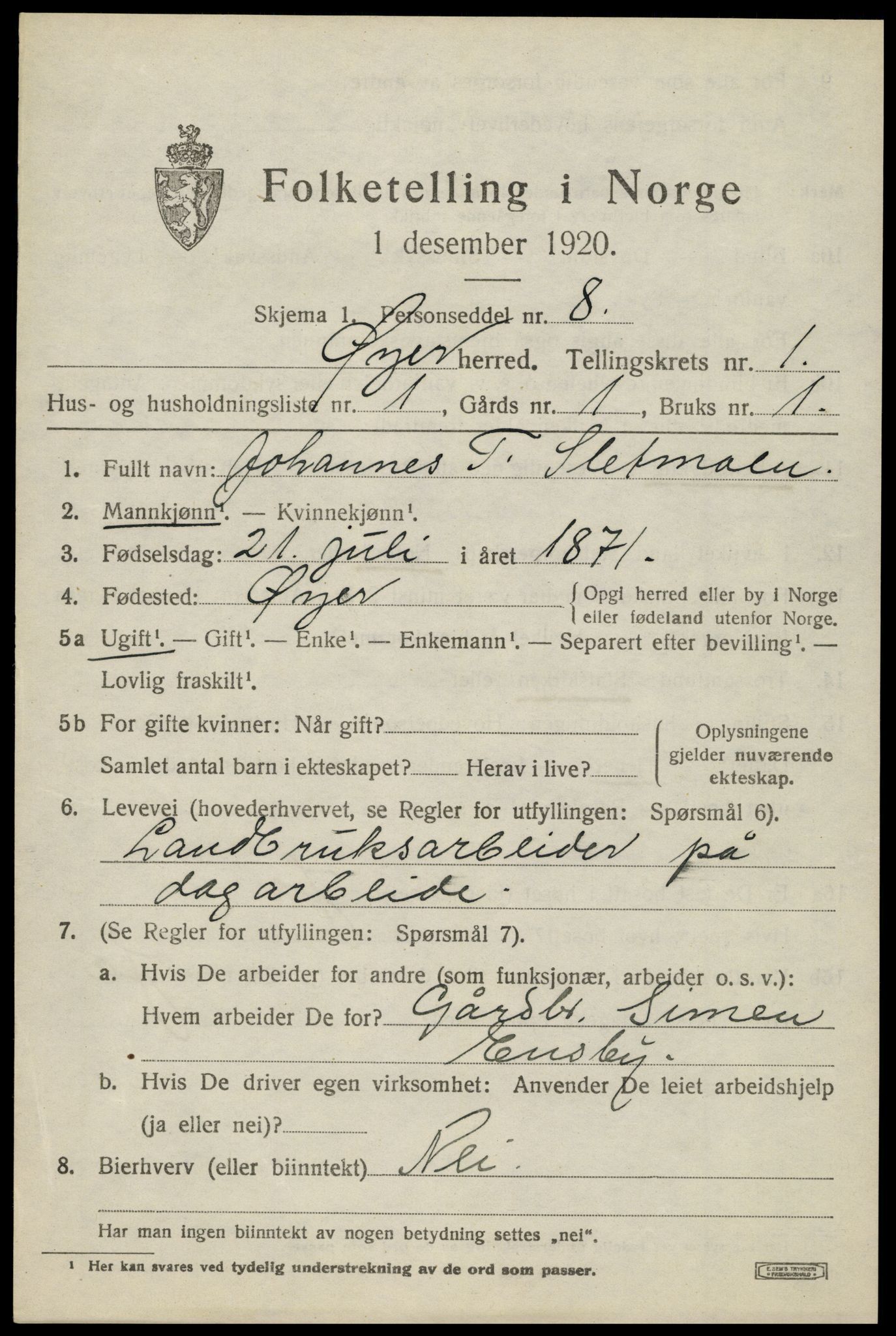 SAH, 1920 census for Øyer, 1920, p. 1217