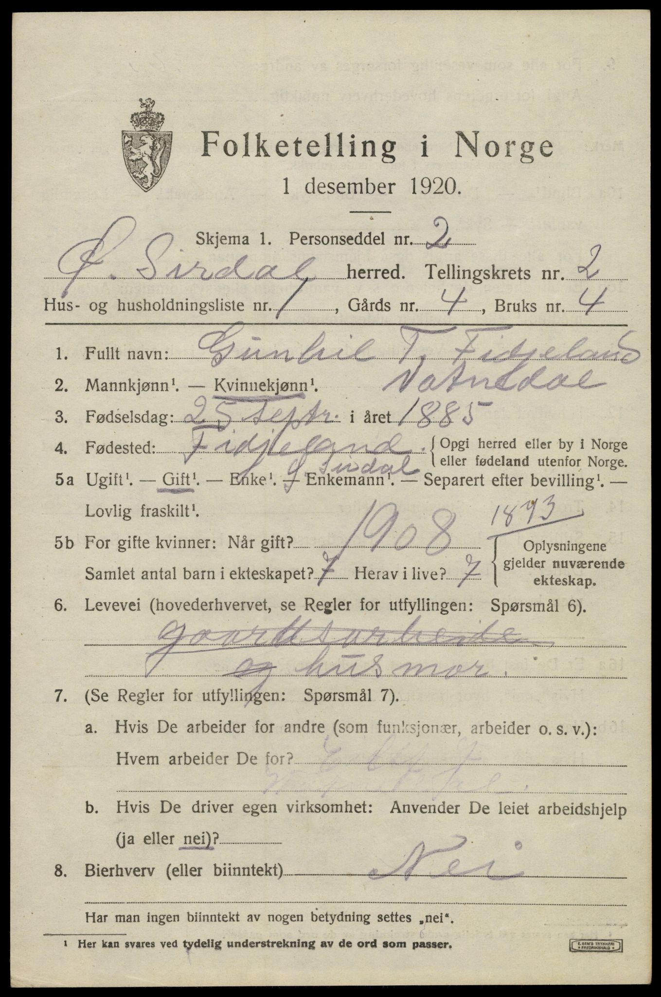 SAK, 1920 census for Øvre Sirdal, 1920, p. 427