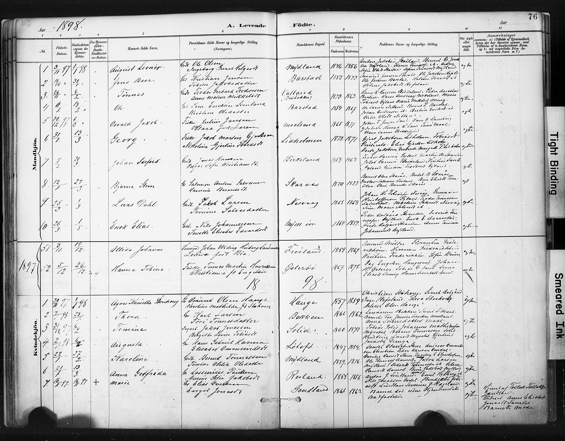 Sokndal sokneprestkontor, AV/SAST-A-101808: Parish register (official) no. A 11.1, 1887-1905, p. 76