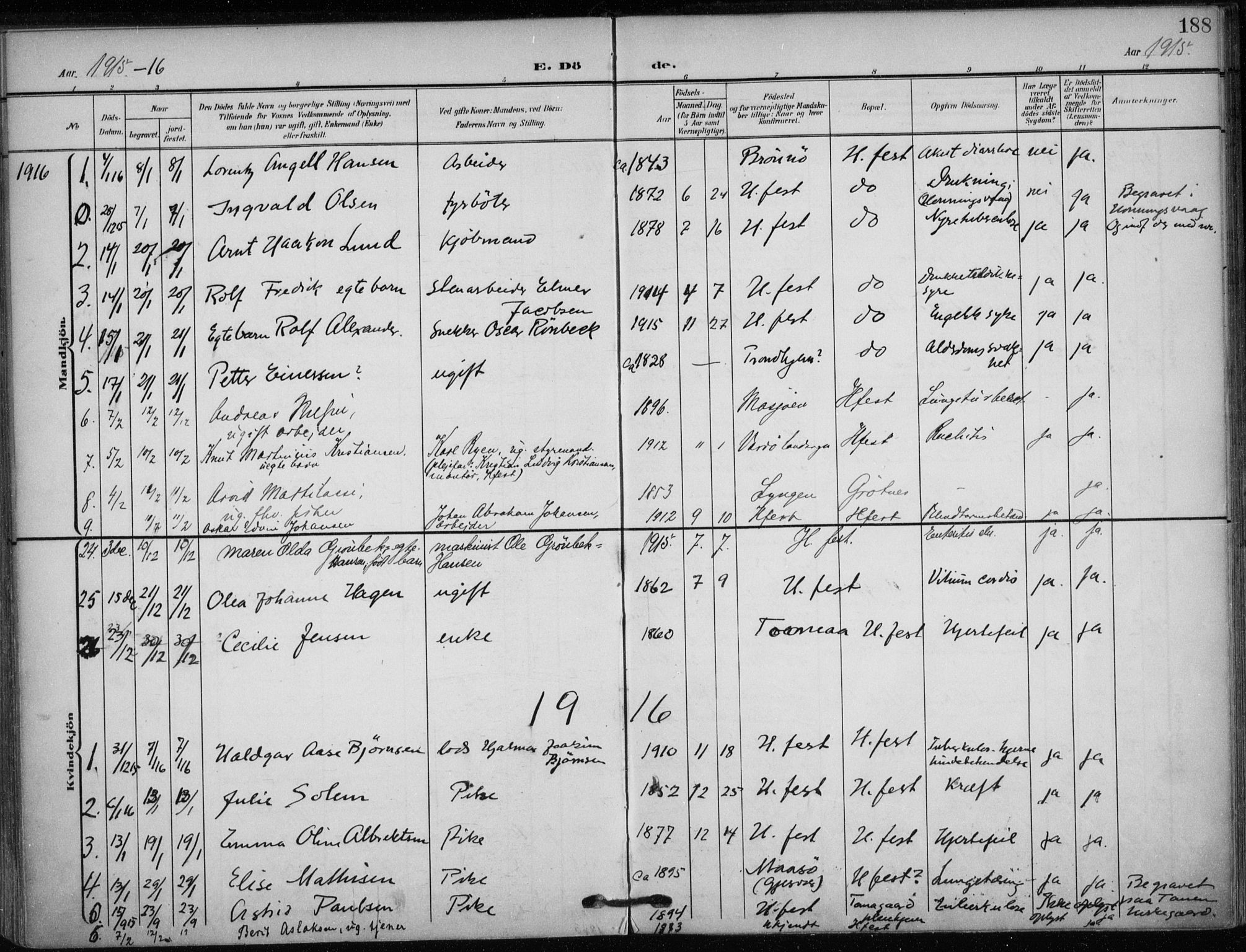 Hammerfest sokneprestkontor, SATØ/S-1347/H/Ha/L0014.kirke: Parish register (official) no. 14, 1906-1916, p. 188