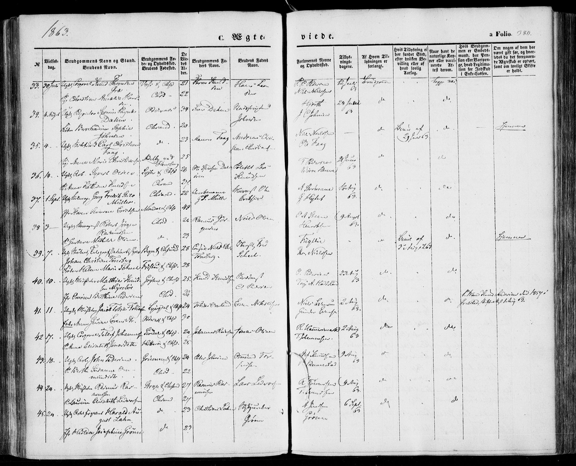 Kristiansand domprosti, AV/SAK-1112-0006/F/Fa/L0014: Parish register (official) no. A 14, 1852-1867, p. 380