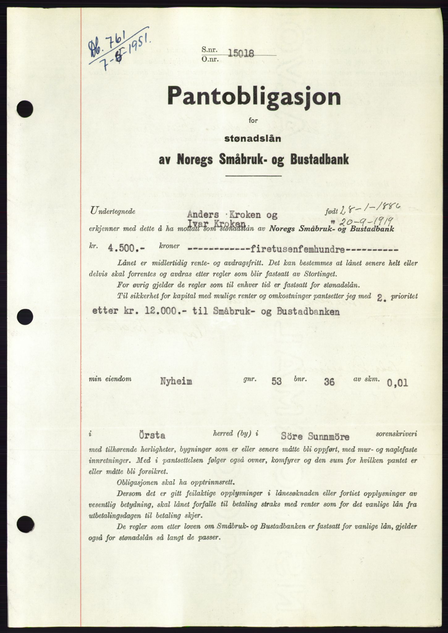 Søre Sunnmøre sorenskriveri, AV/SAT-A-4122/1/2/2C/L0120: Mortgage book no. 8B, 1951-1951, Diary no: : 761/1951