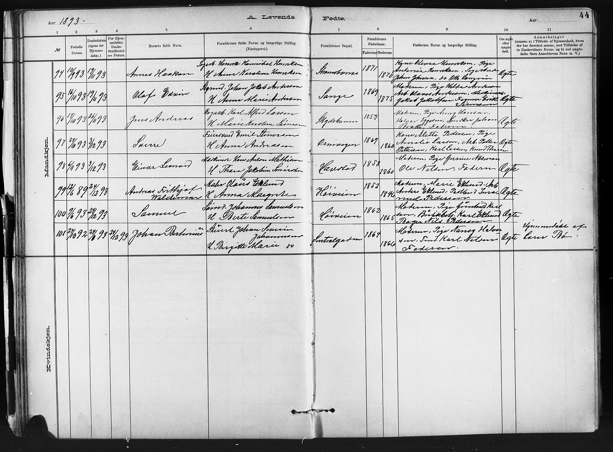 Barbu sokneprestkontor, AV/SAK-1111-0003/F/Fb/L0002: Parish register (copy) no. B 2, 1890-1922, p. 44