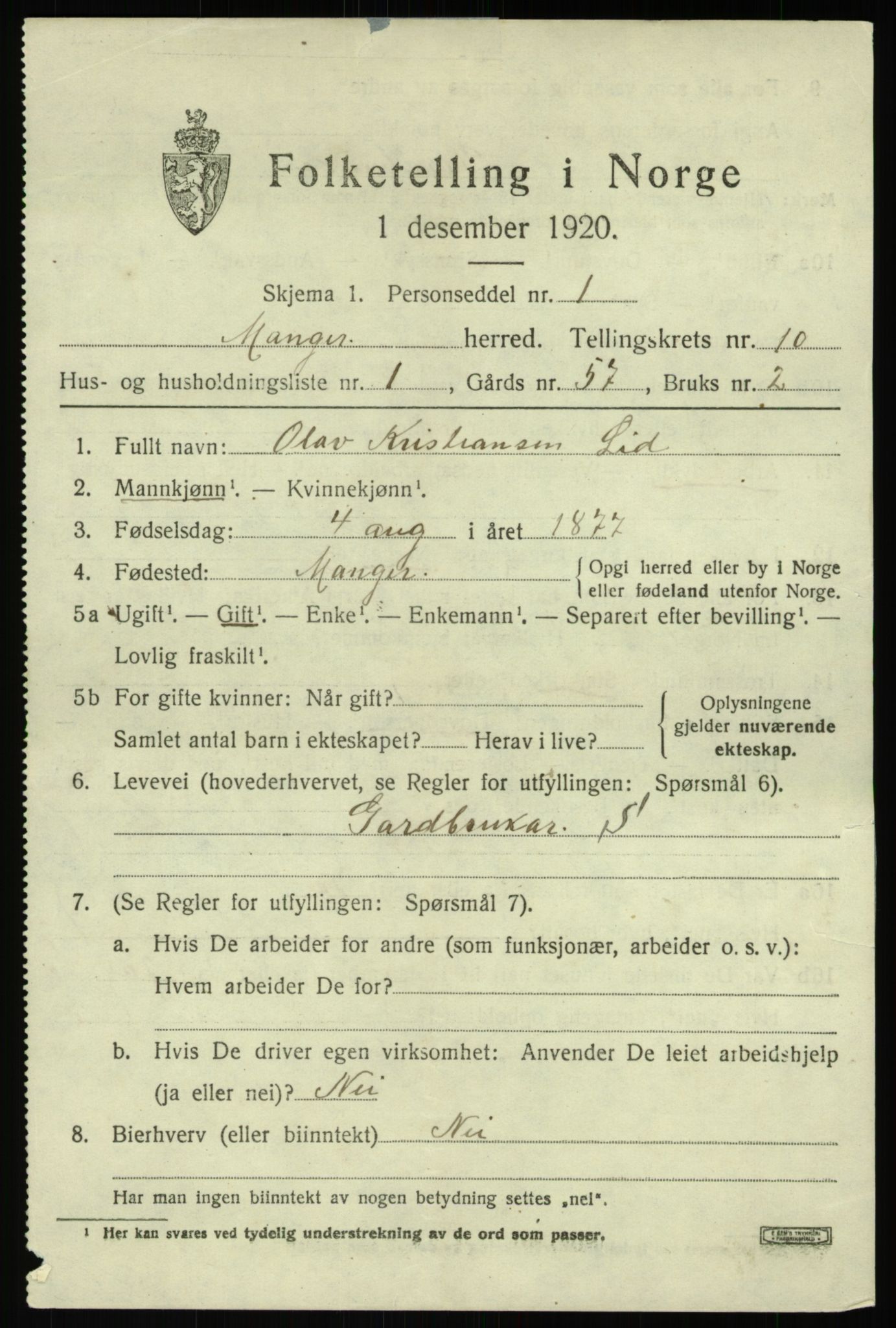 SAB, 1920 census for Manger, 1920, p. 6010