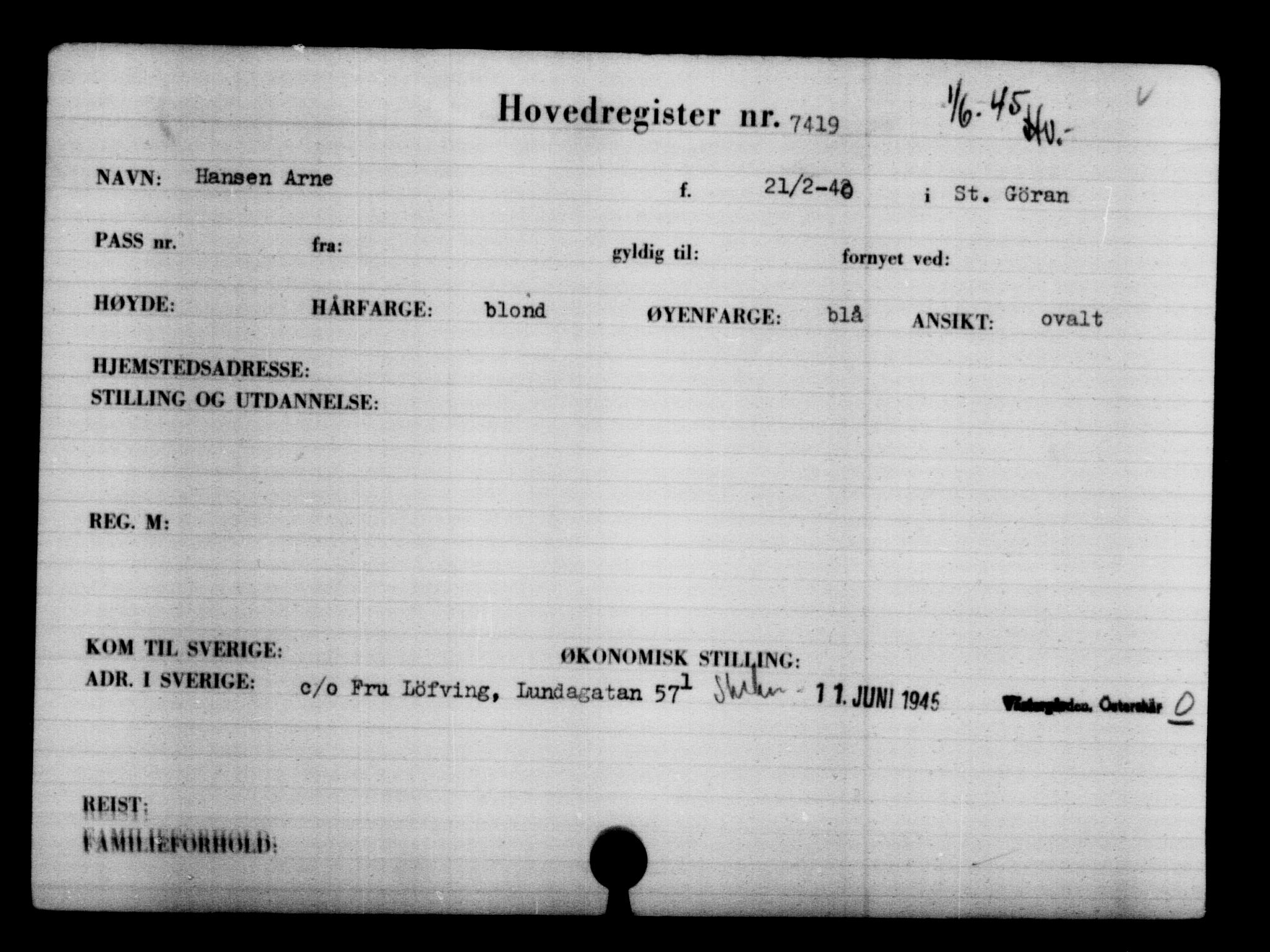 Utenriksstasjonene, Legasjonen i Stockholm, Flyktningkontoret, AV/RA-S-6753/V/Va/L0005: Kjesäterkartoteket, flyktninger med registreringsnr. 6600-9417, 1940-1945, p. 961