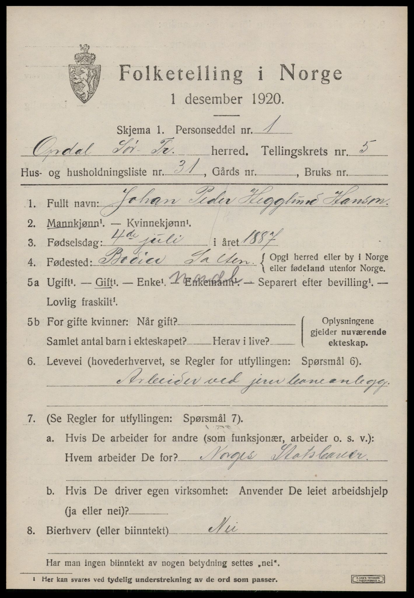 SAT, 1920 census for Oppdal, 1920, p. 5307