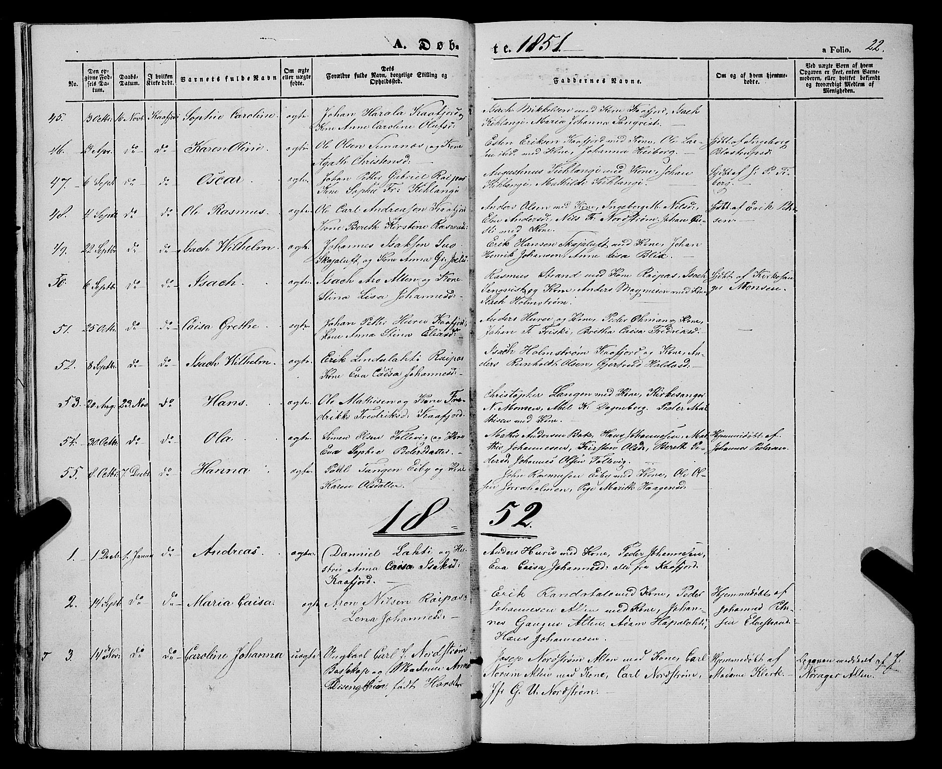 Talvik sokneprestkontor, SATØ/S-1337/H/Ha/L0016kirke: Parish register (official) no. 16, 1847-1857, p. 22