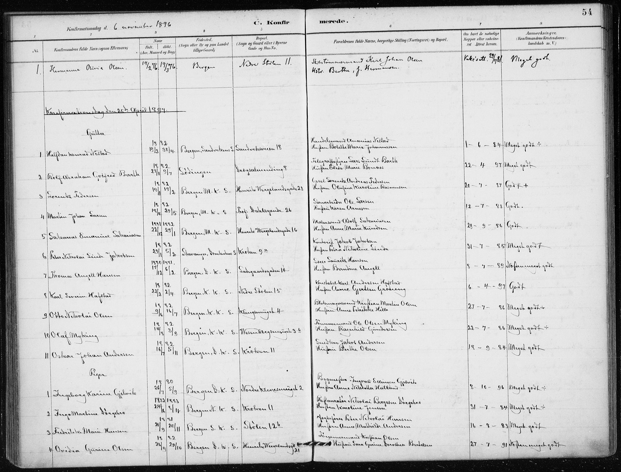 Mariakirken Sokneprestembete, AV/SAB-A-76901/H/Haa/L0013: Parish register (official) no. C 1, 1889-1900, p. 54