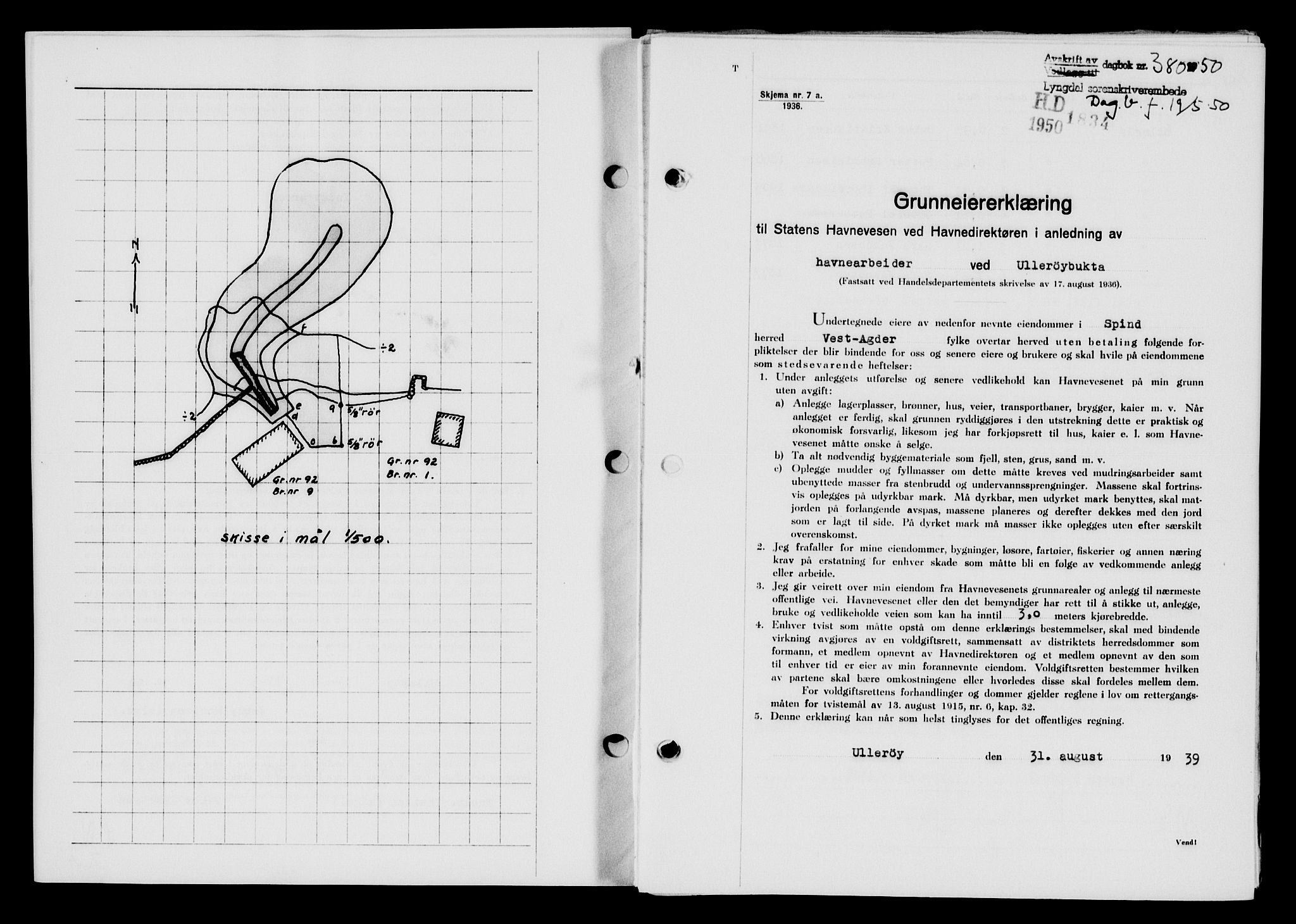 Lyngdal sorenskriveri, AV/SAK-1221-0004/G/Gb/L0665: Mortgage book no. A XI, 1950-1950, Diary no: : 380/1950