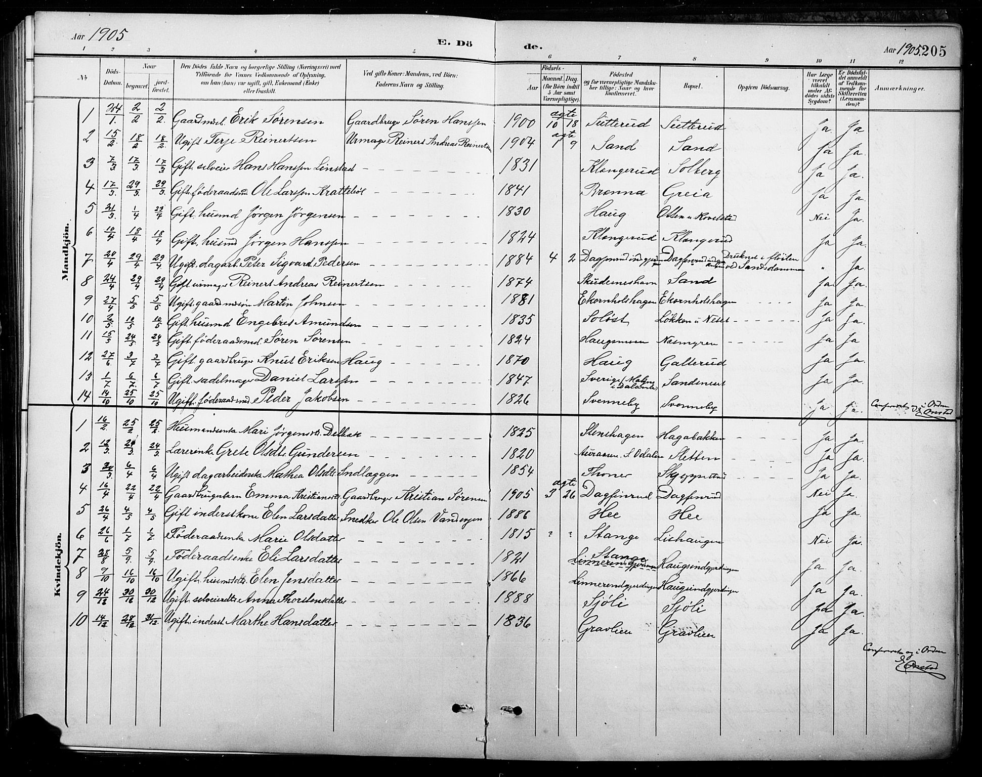 Nord-Odal prestekontor, AV/SAH-PREST-032/H/Ha/Hab/L0003: Parish register (copy) no. 3, 1895-1923, p. 205