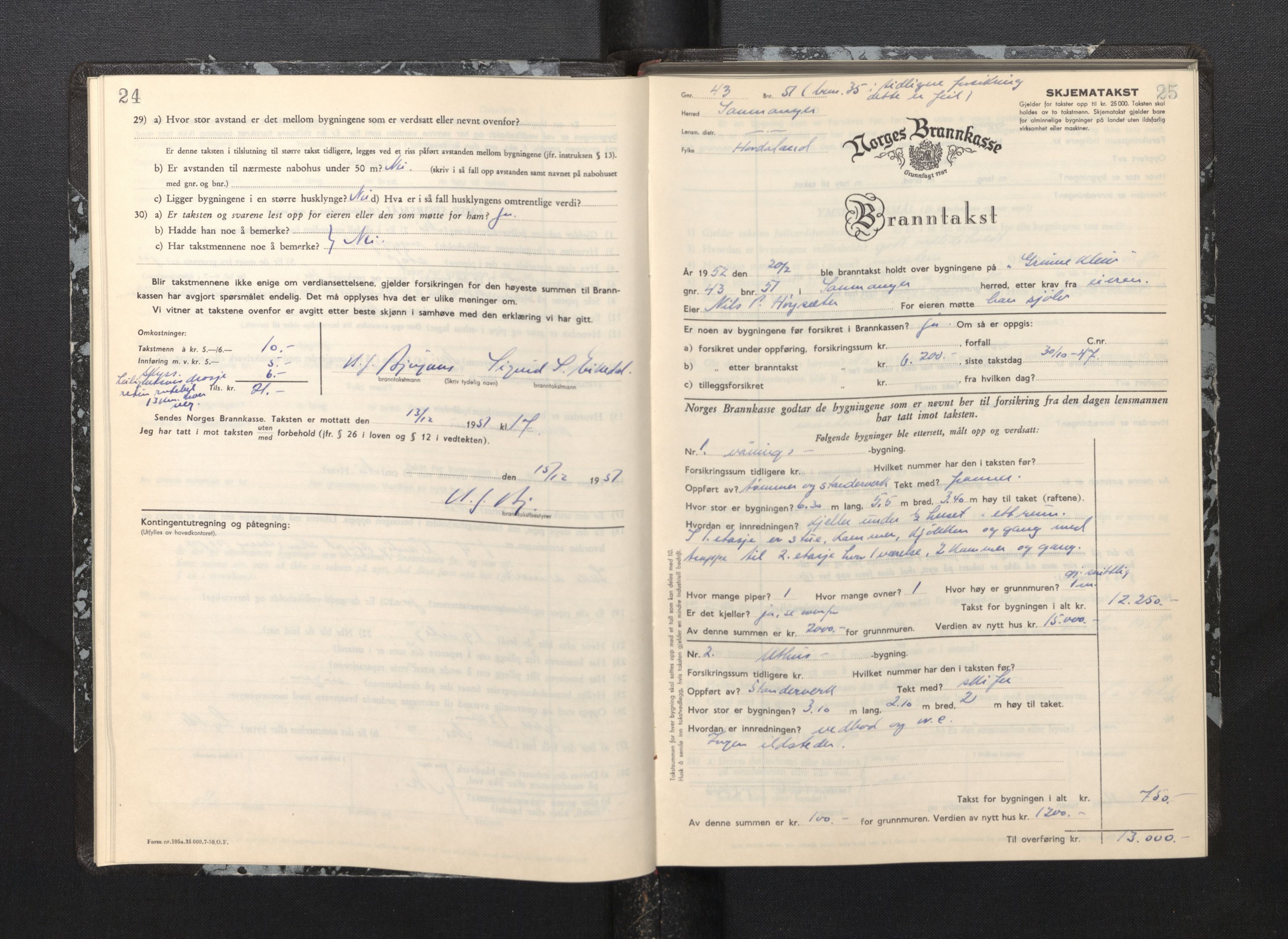 Lensmannen i Samnanger, AV/SAB-A-34601/0012/L0002: Branntakstprotokoll, skjematakst, 1951-1955, p. 24-25