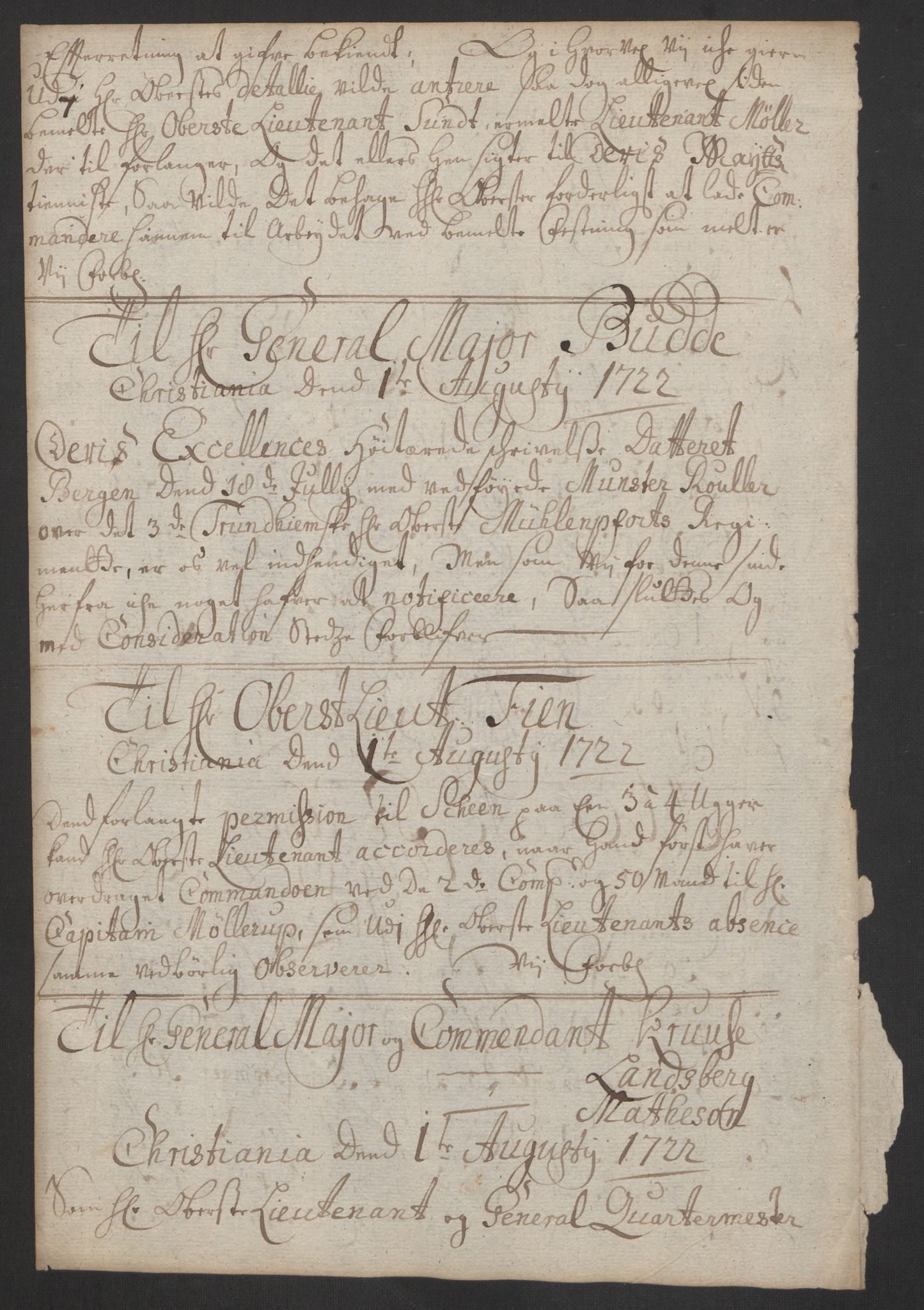 Kommanderende general (KG I) med Det norske krigsdirektorium, AV/RA-EA-5419/B/L0007: Kommanderende generals konsepter, 1722-1723, p. 72