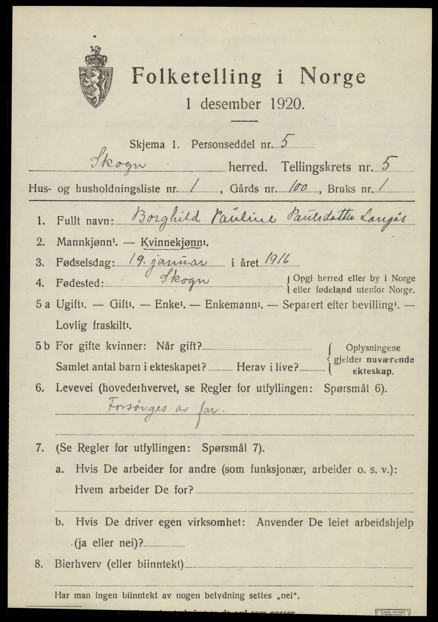 SAT, 1920 census for Skogn, 1920, p. 6493