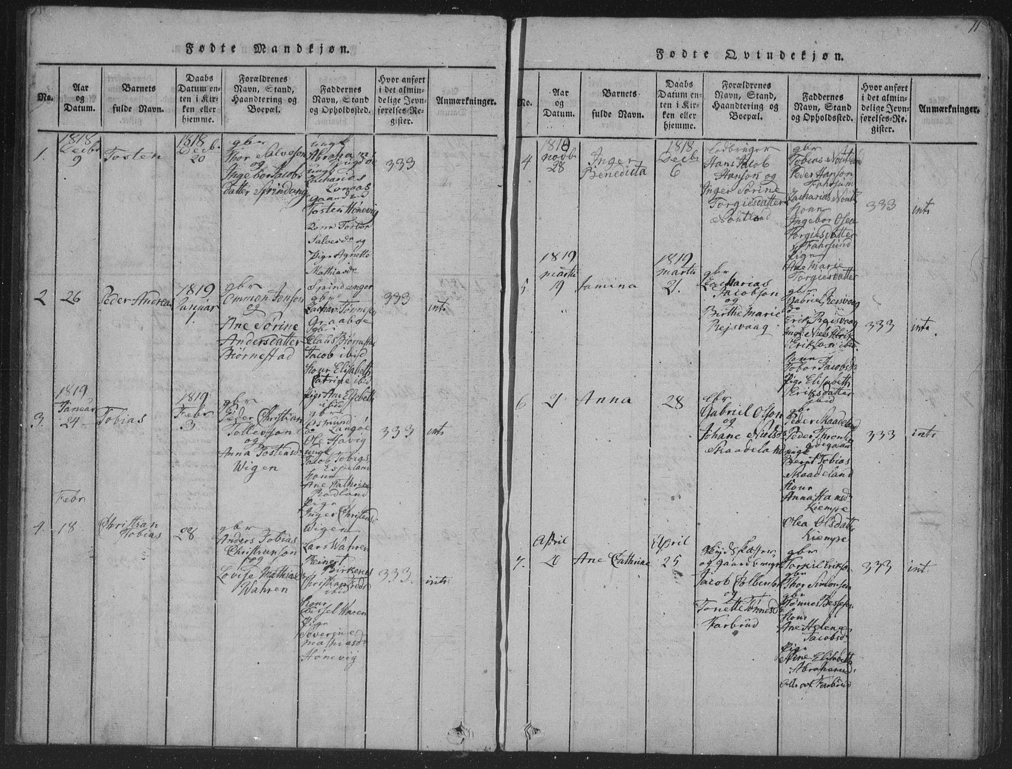 Herad sokneprestkontor, AV/SAK-1111-0018/F/Fa/Fab/L0002: Parish register (official) no. A 2, 1816-1844, p. 11