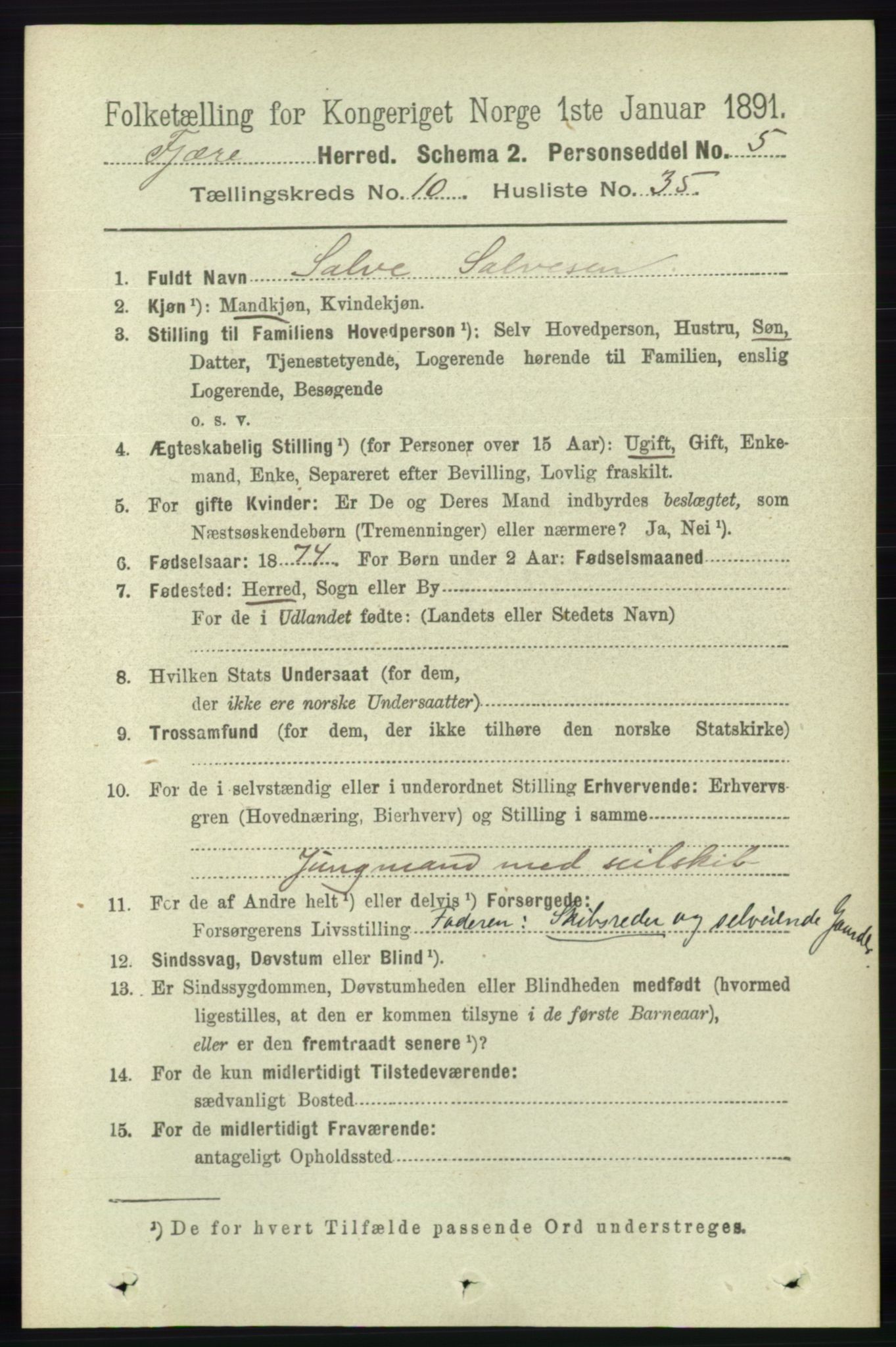RA, 1891 census for 0923 Fjære, 1891, p. 5221
