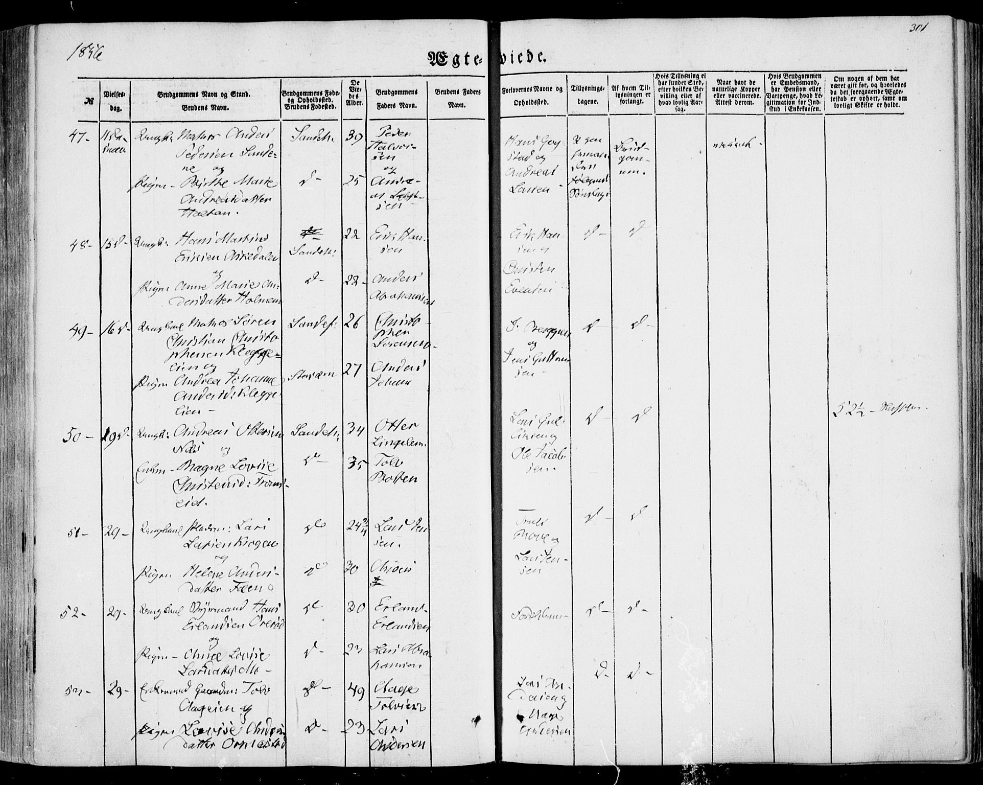 Sandar kirkebøker, AV/SAKO-A-243/F/Fa/L0007: Parish register (official) no. 7, 1855-1861, p. 301