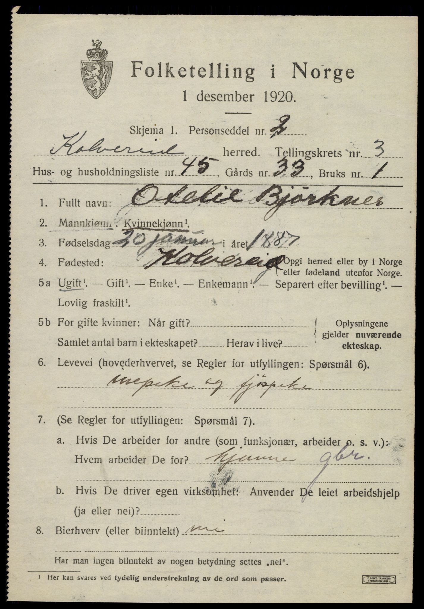 SAT, 1920 census for Kolvereid, 1920, p. 2451