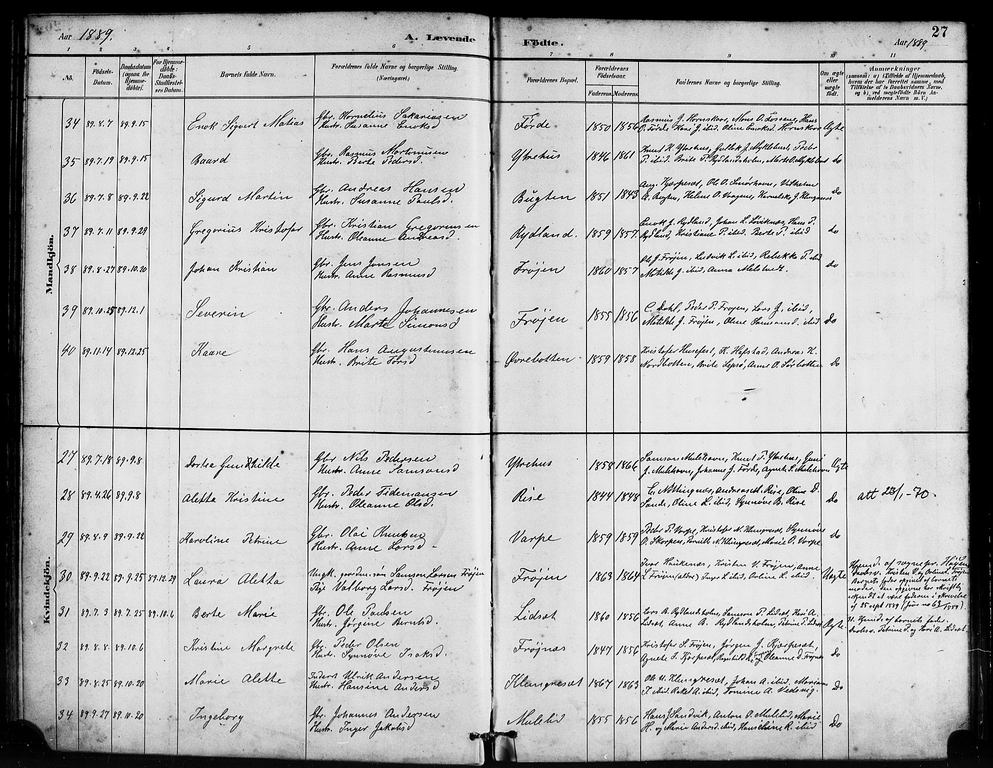 Bremanger sokneprestembete, AV/SAB-A-82201/H/Haa/Haab/L0001: Parish register (official) no. B 1, 1884-1895, p. 27