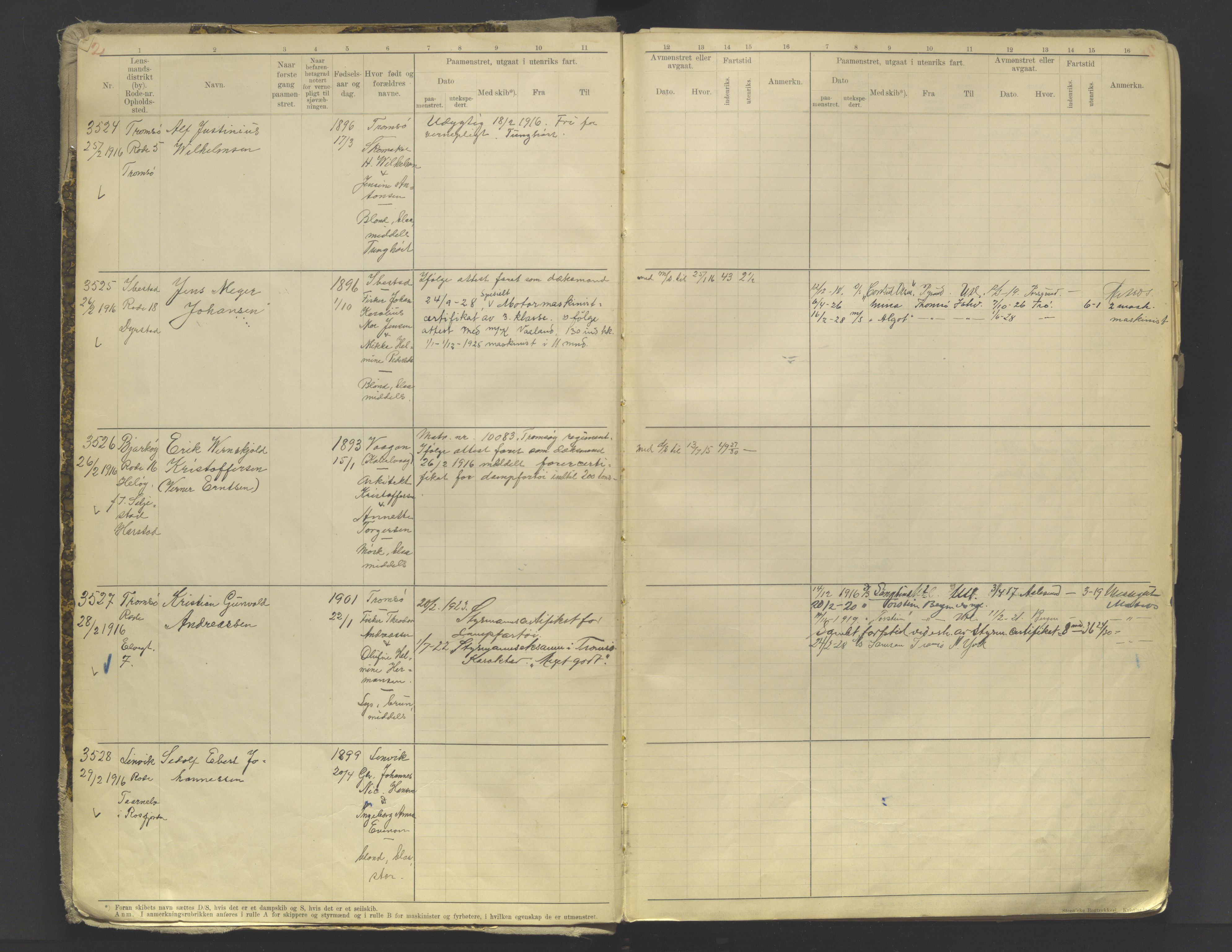 Tromsø sjømannskontor/innrullerings-/mønstringsdistrikt, AV/SATØ-S-0243/F/Fb/L0010: Annotasjonsrulle. Defekt: løs innbinding. Nr. 3519-4972, 1916-1920