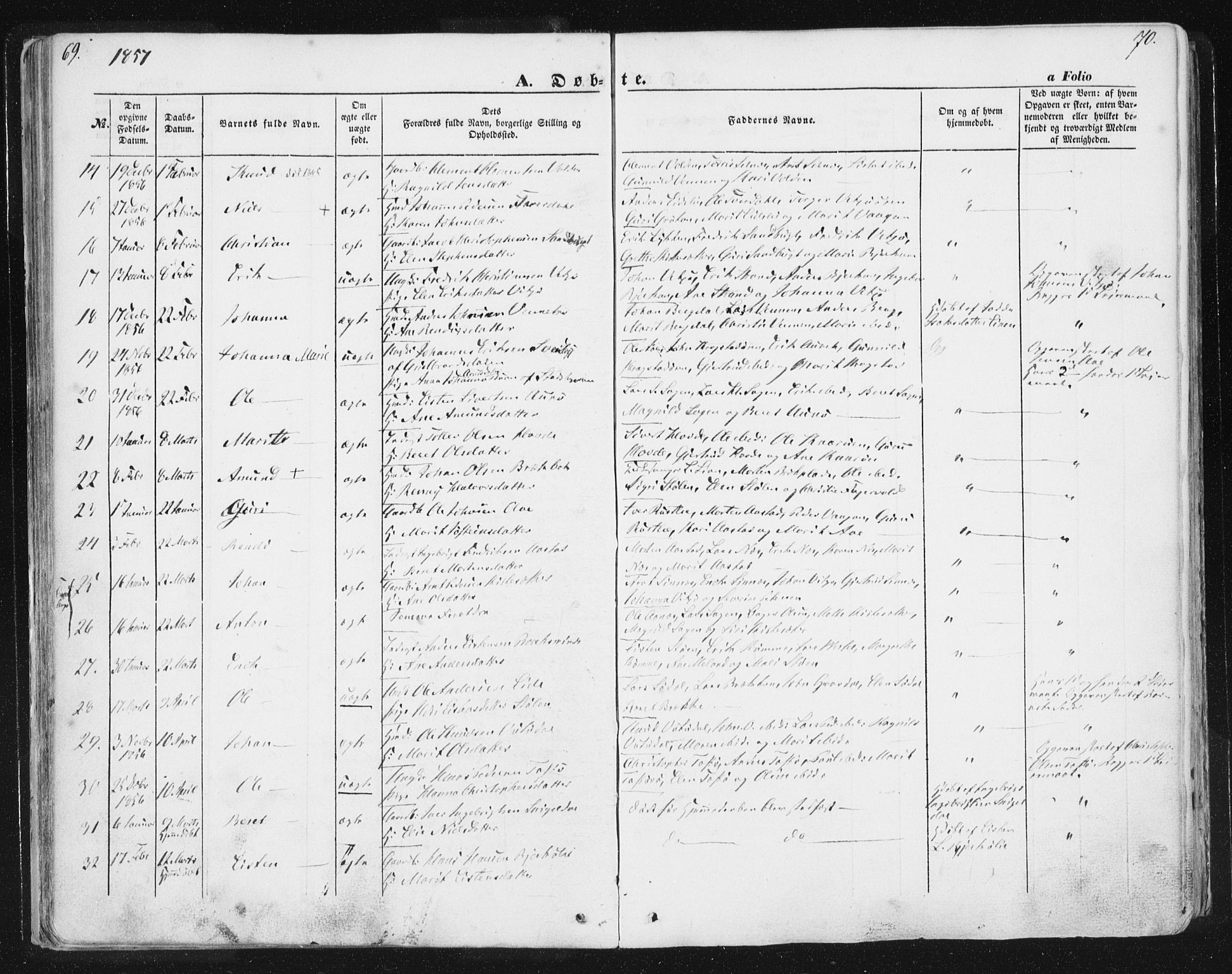 Ministerialprotokoller, klokkerbøker og fødselsregistre - Sør-Trøndelag, AV/SAT-A-1456/630/L0494: Parish register (official) no. 630A07, 1852-1868, p. 69-70