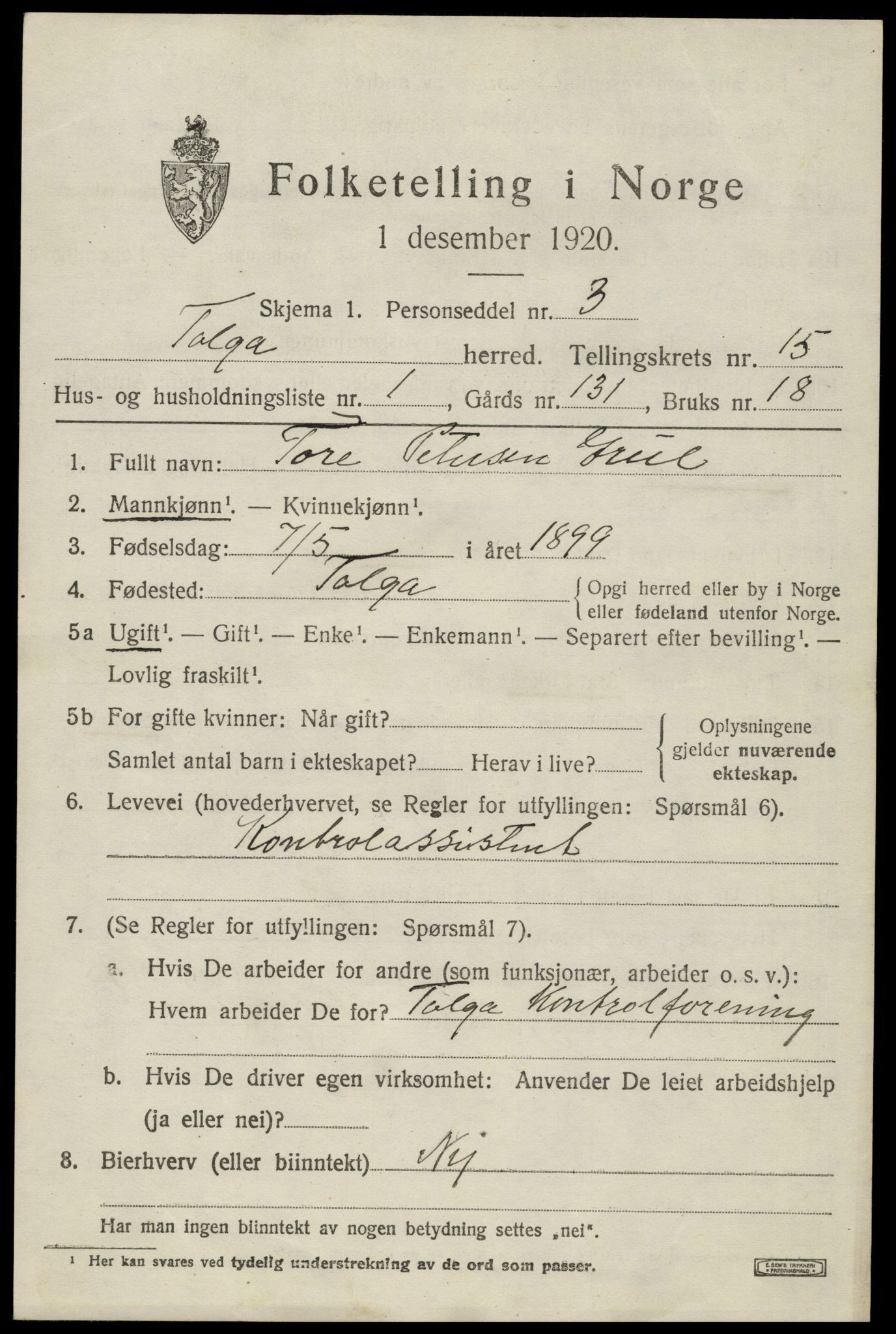 SAH, 1920 census for Tolga, 1920, p. 6875