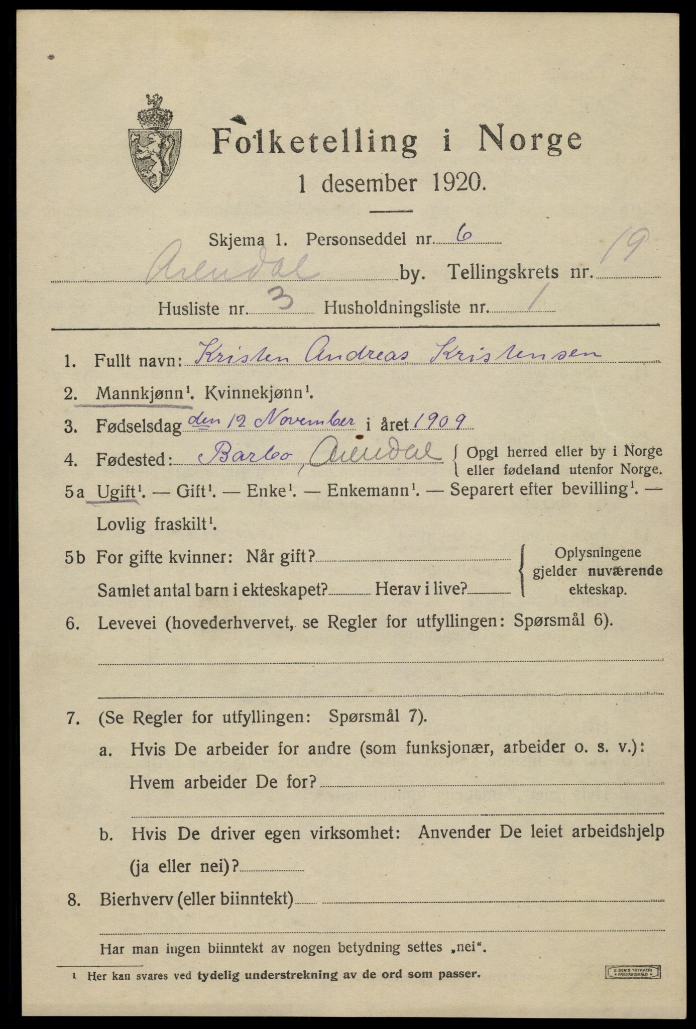SAK, 1920 census for Arendal, 1920, p. 25910
