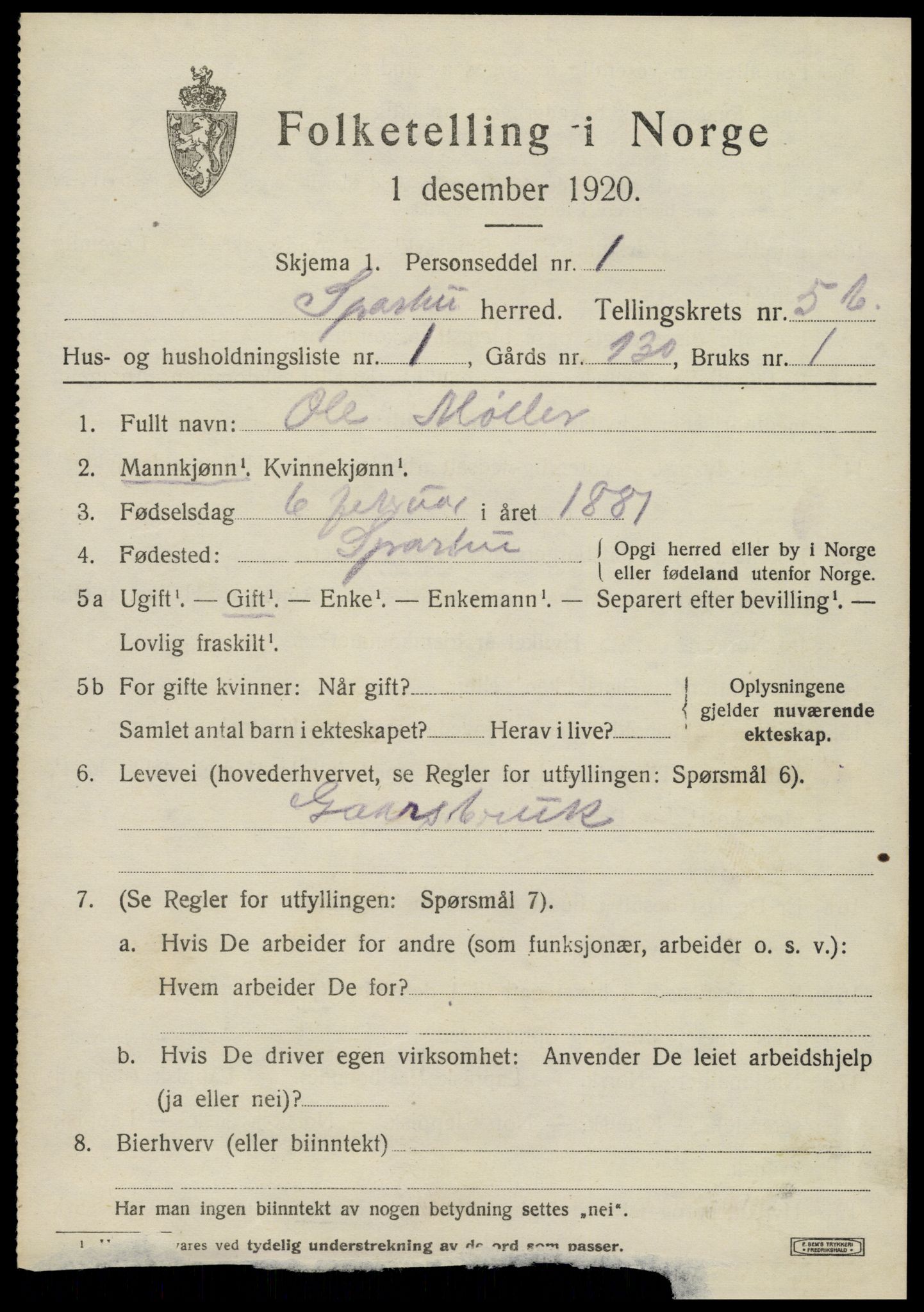 SAT, 1920 census for Sparbu, 1920, p. 6817