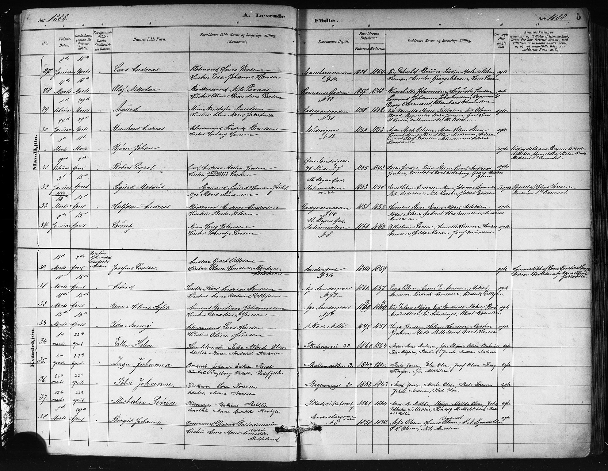 Sandviken Sokneprestembete, AV/SAB-A-77601/H/Hb/L0002: Parish register (copy) no. A 3, 1888-1902, p. 5