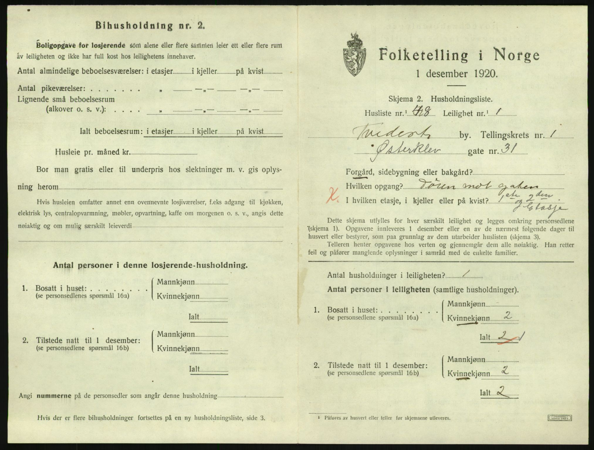 SAK, 1920 census for Tvedestrand, 1920, p. 733