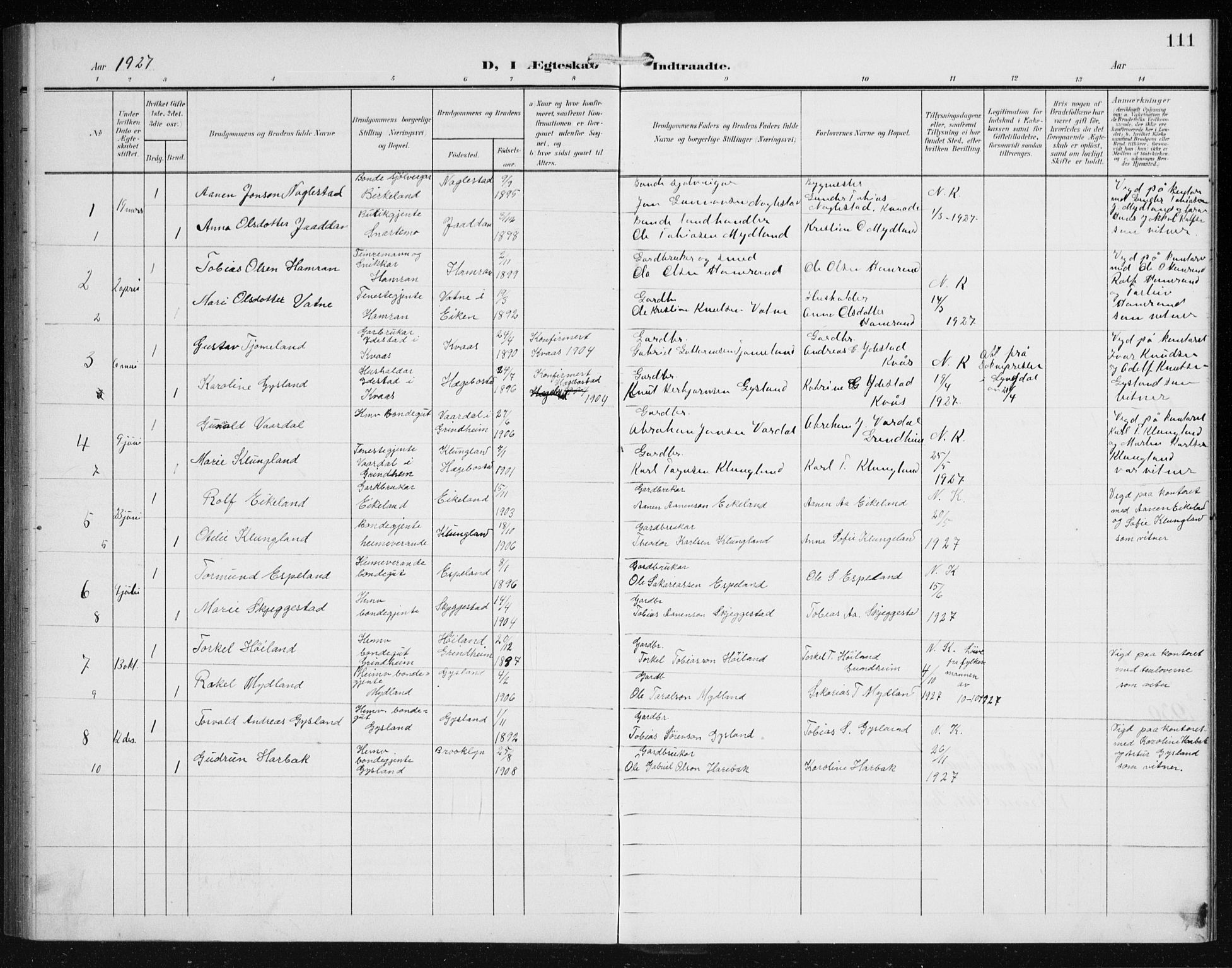 Hægebostad sokneprestkontor, SAK/1111-0024/F/Fb/Fba/L0005: Parish register (copy) no. B 5, 1907-1931, p. 111