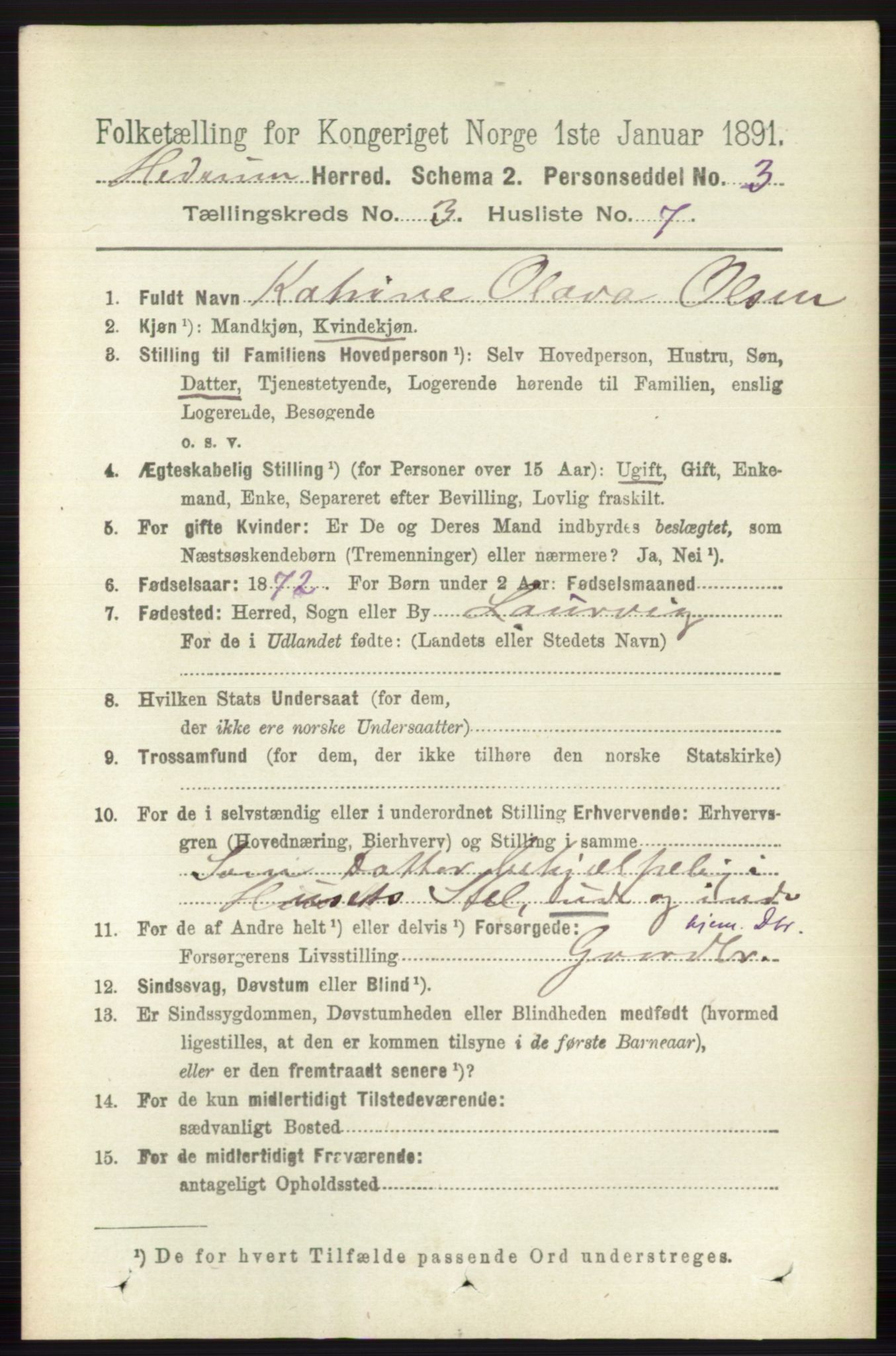 RA, 1891 census for 0727 Hedrum, 1891, p. 1007