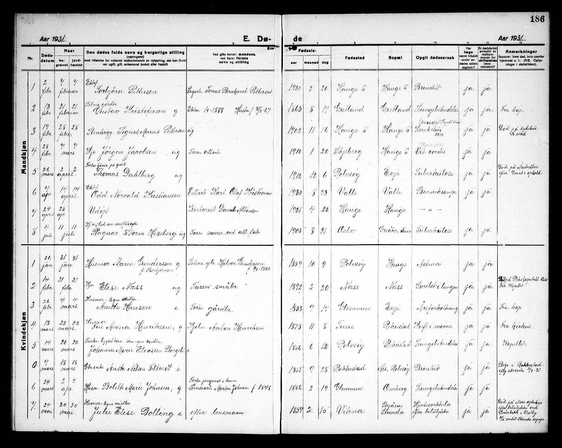 Rolvsøy prestekontor Kirkebøker, AV/SAO-A-2004/G/Ga/L0002: Parish register (copy) no. 2, 1920-1935, p. 186