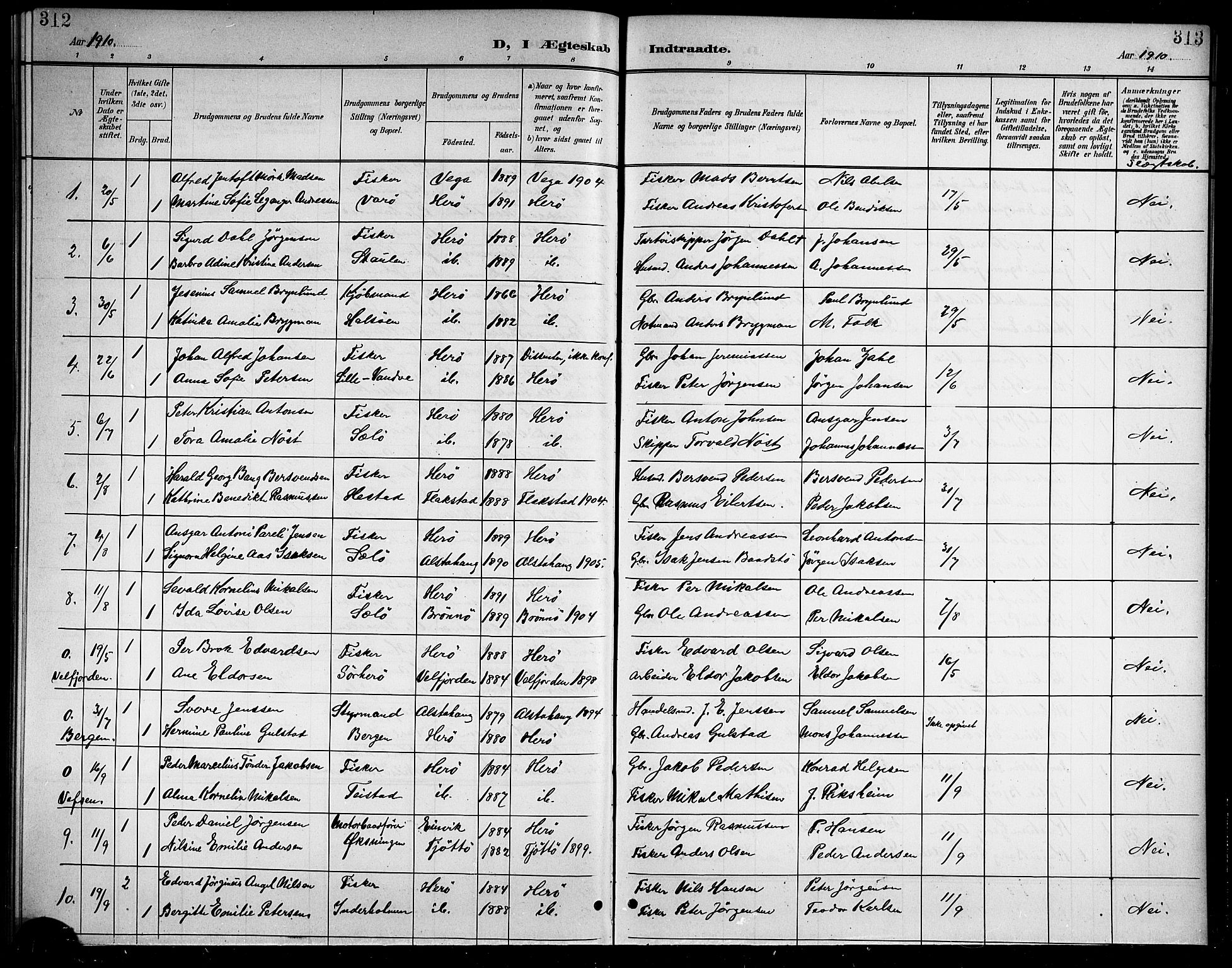 Ministerialprotokoller, klokkerbøker og fødselsregistre - Nordland, AV/SAT-A-1459/834/L0516: Parish register (copy) no. 834C06, 1902-1918, p. 312-313