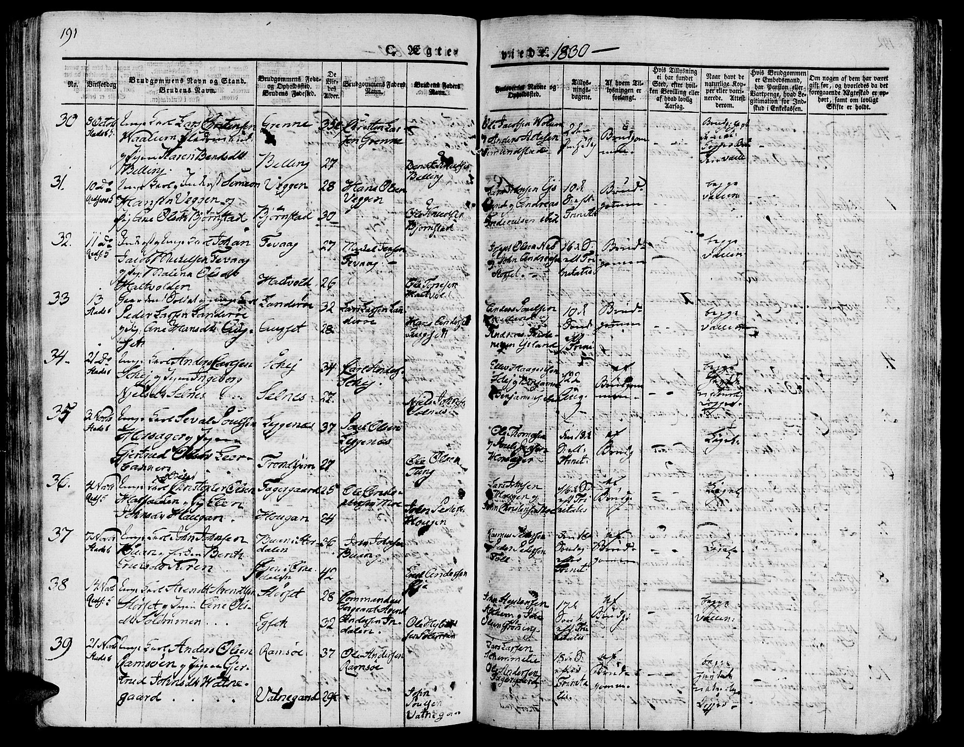 Ministerialprotokoller, klokkerbøker og fødselsregistre - Sør-Trøndelag, SAT/A-1456/646/L0609: Parish register (official) no. 646A07, 1826-1838, p. 191