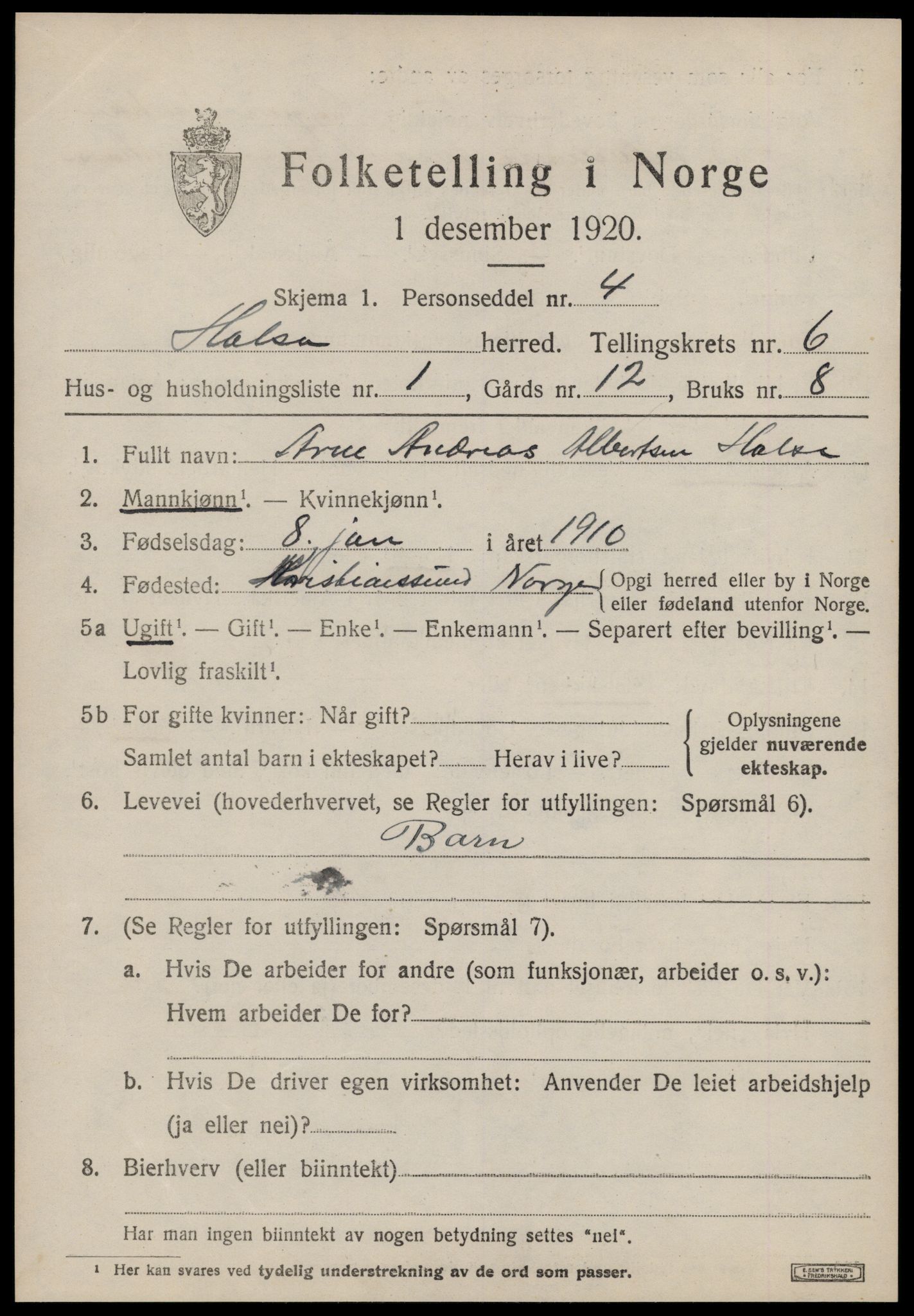 SAT, 1920 census for Halsa, 1920, p. 2225