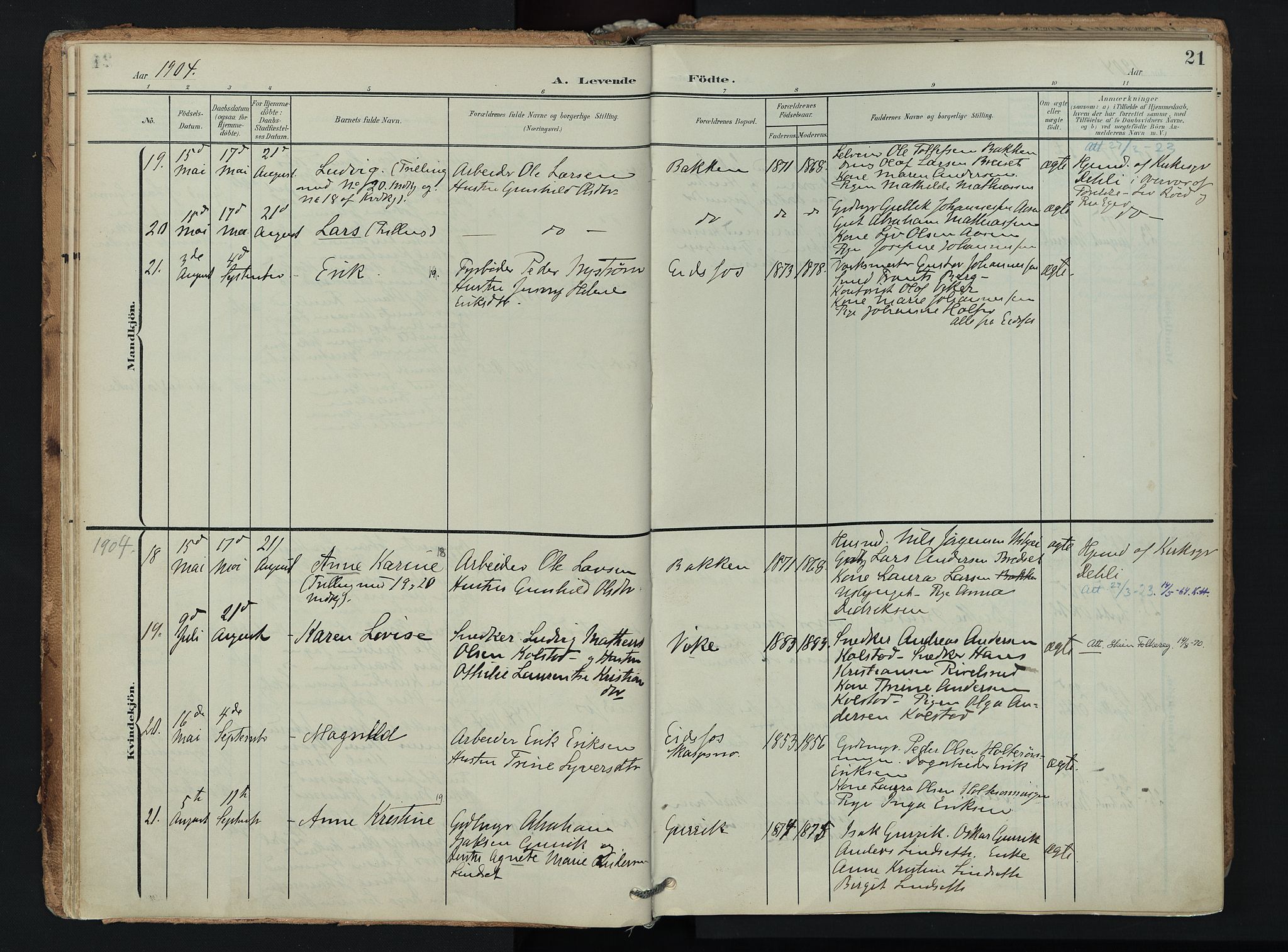 Hof kirkebøker, AV/SAKO-A-64/F/Fa/L0008: Parish register (official) no. I 8, 1902-1921, p. 21