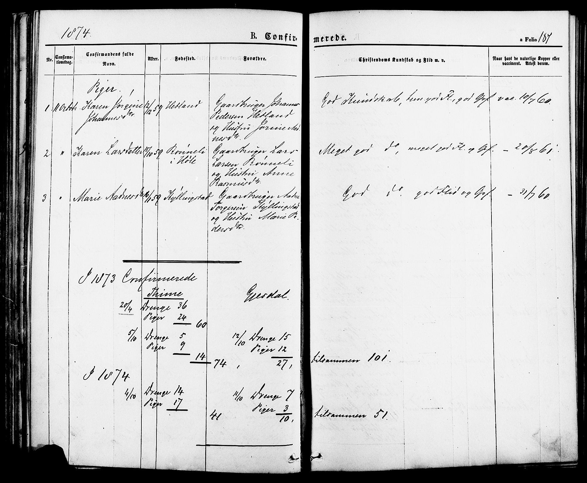 Lye sokneprestkontor, AV/SAST-A-101794/001/30BA/L0008: Parish register (official) no. A 7, 1872-1881, p. 187