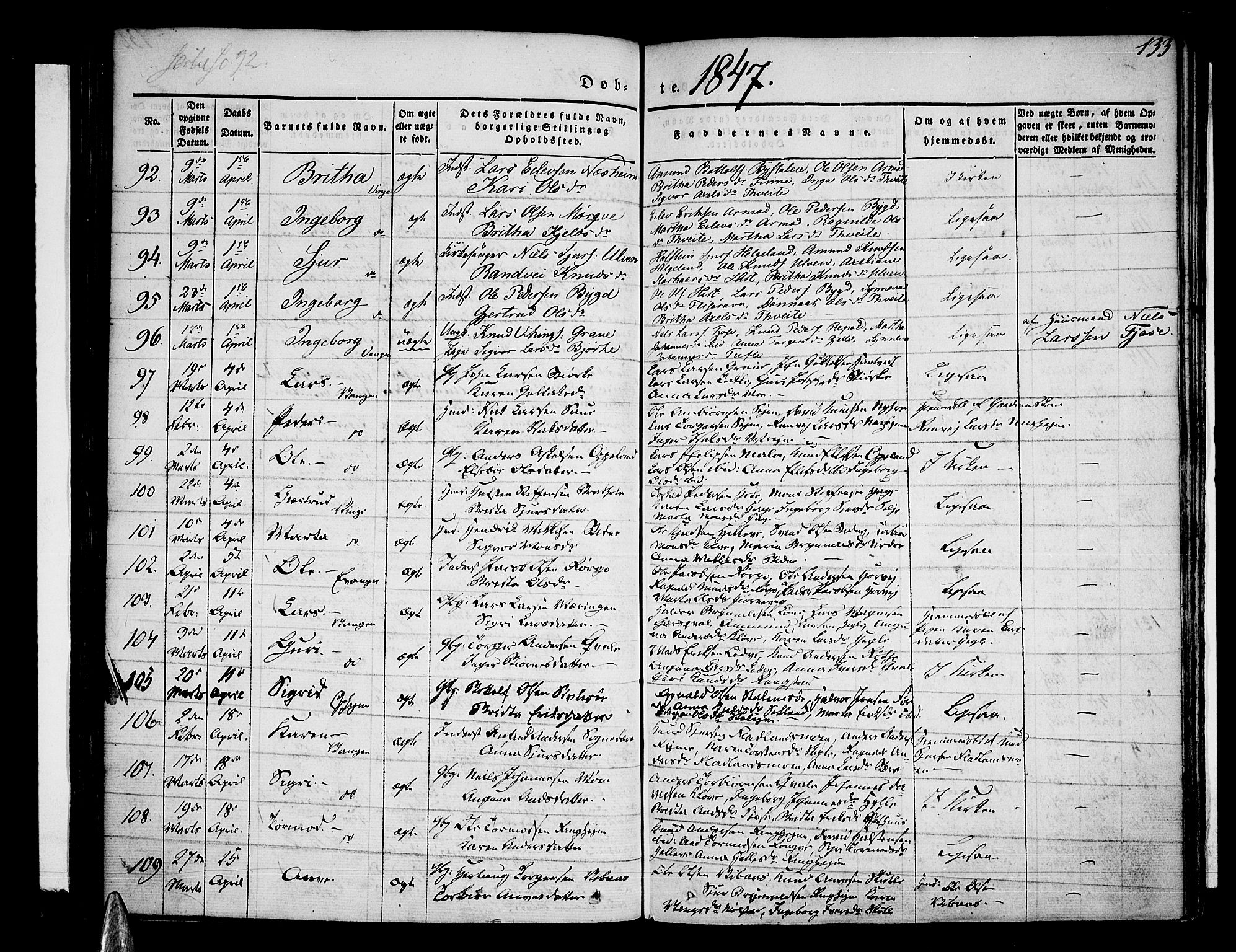 Voss sokneprestembete, SAB/A-79001/H/Haa: Parish register (official) no. A 13, 1836-1851, p. 133